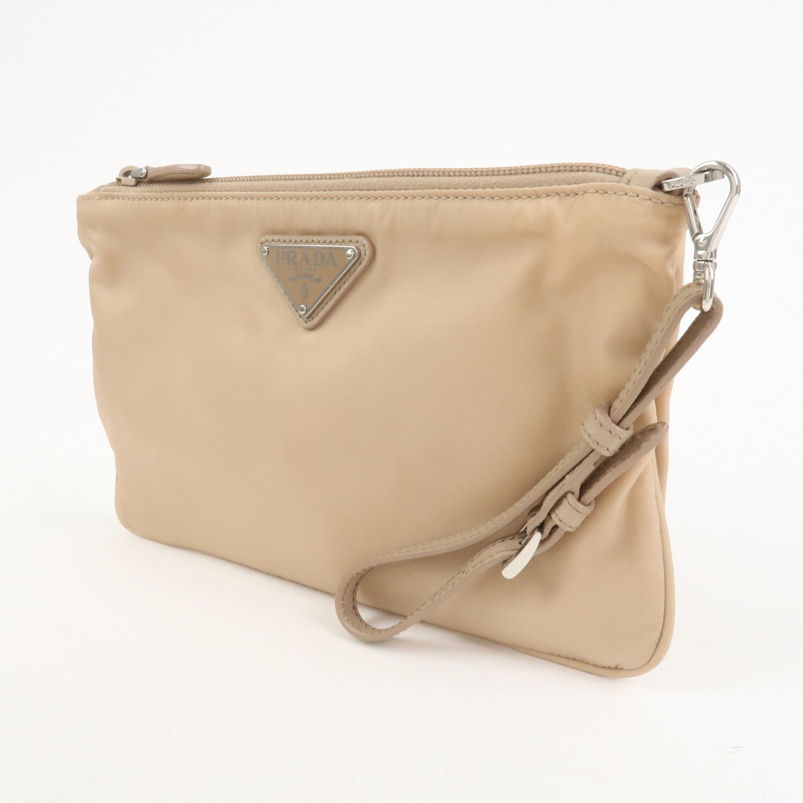 PRADA Triangle Logo TESSUTO Hand Bag Pouch Beige 1NH545