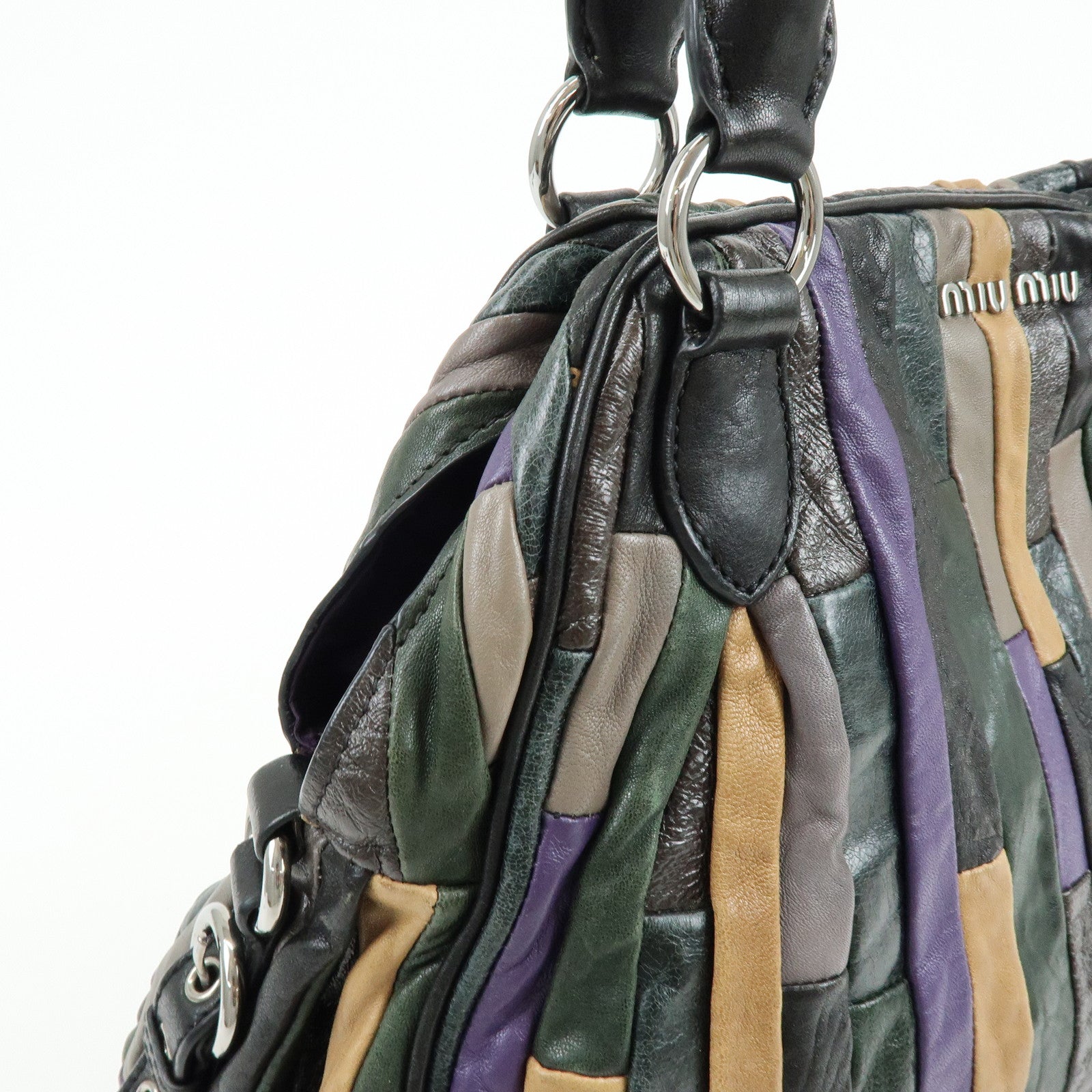 MIU MIU Logo Leather Hand Bag Shoulder Bag Black Purple Green