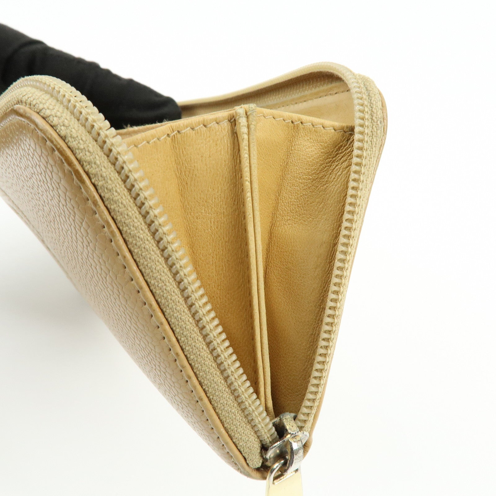 CHANEL Caviarskin Round Zippy Wallet Long Wallet Beige A13228