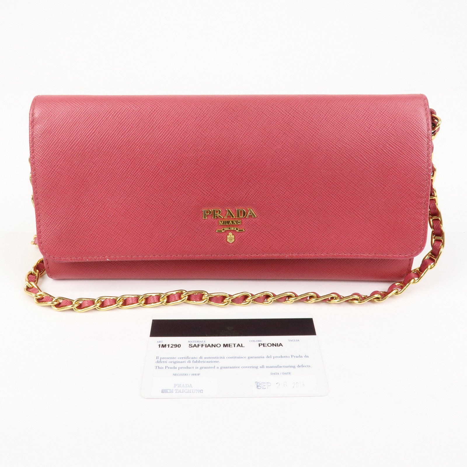 PRADA Logo Saffiano Leather WOC Chain Long Wallet Pink 1M1290