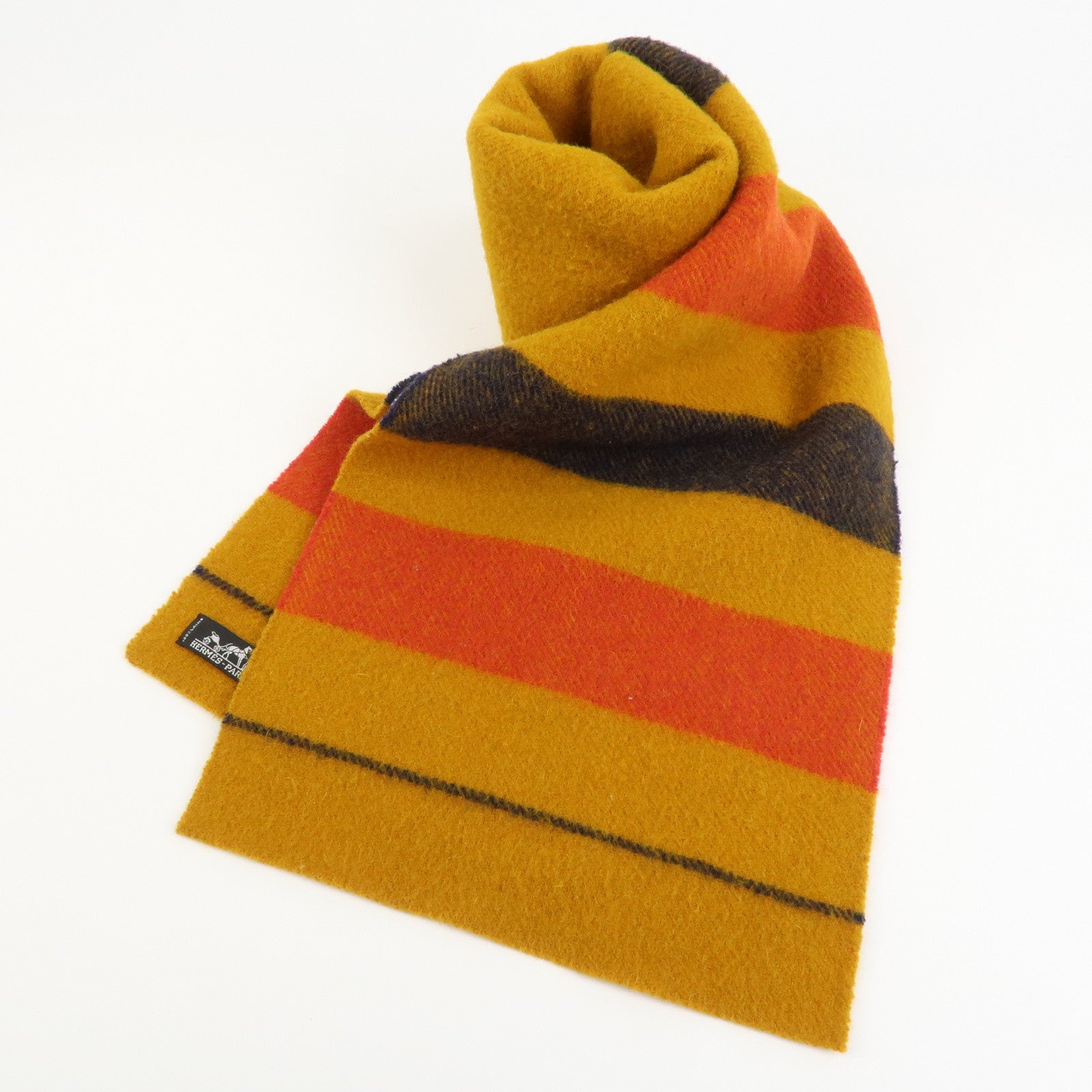 HERMES Rocabar logo Wool 100% Scarf Stole Muffler Yellow