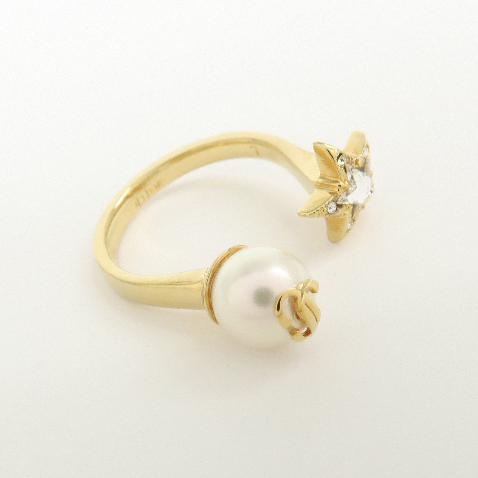 JIMMY CHOO Faux Pearl Crystal Metal Ring Gold Pearl White US8 EU56