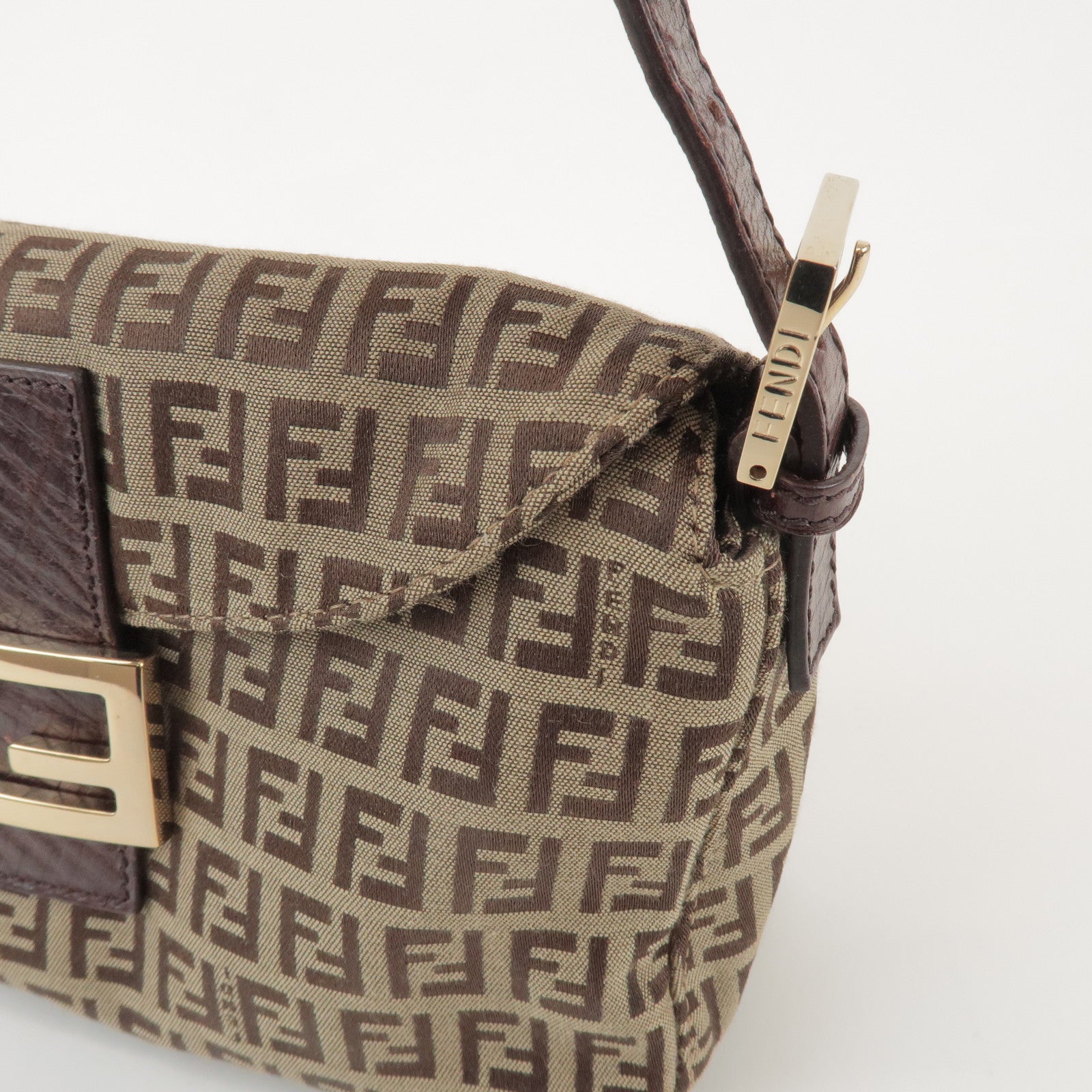 FENDI Zucchino Canvas Leather Hand Bag Brown Beige 8BR003