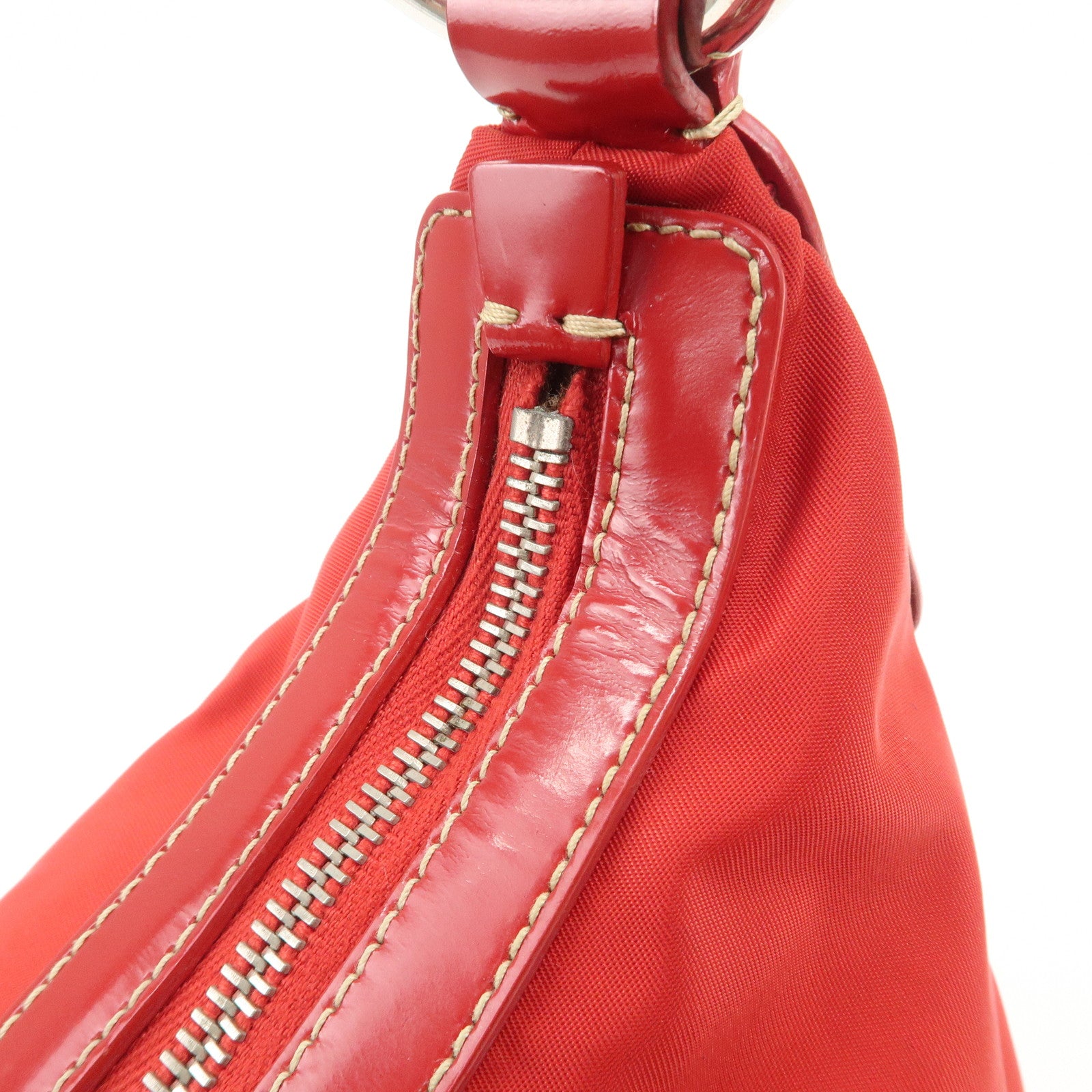 PRADA Logo Nylon Leather Shoulder Bag Silver HDW Red Used