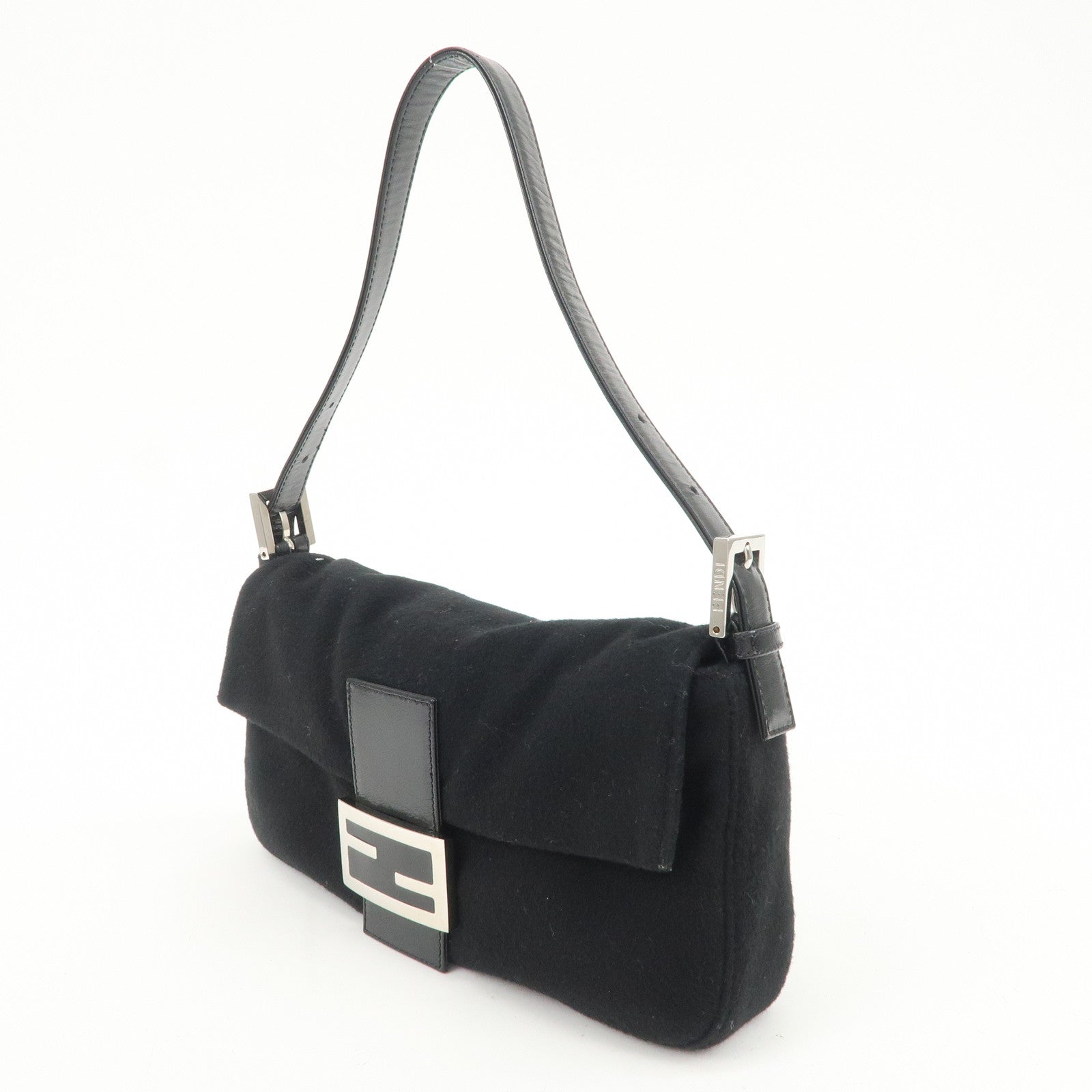 FENDI Mamma Baguette Wool Leather Shoulder Bag Hand Bag Black 26424