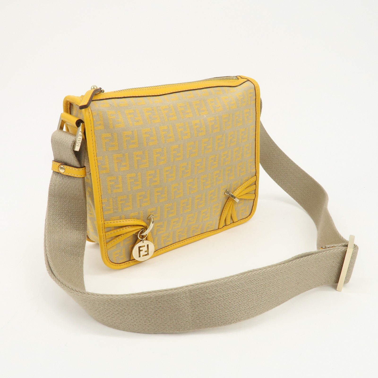 FENDI Zucchino Canvas Leather Shoulder Bag Beige Yellow 8BT089
