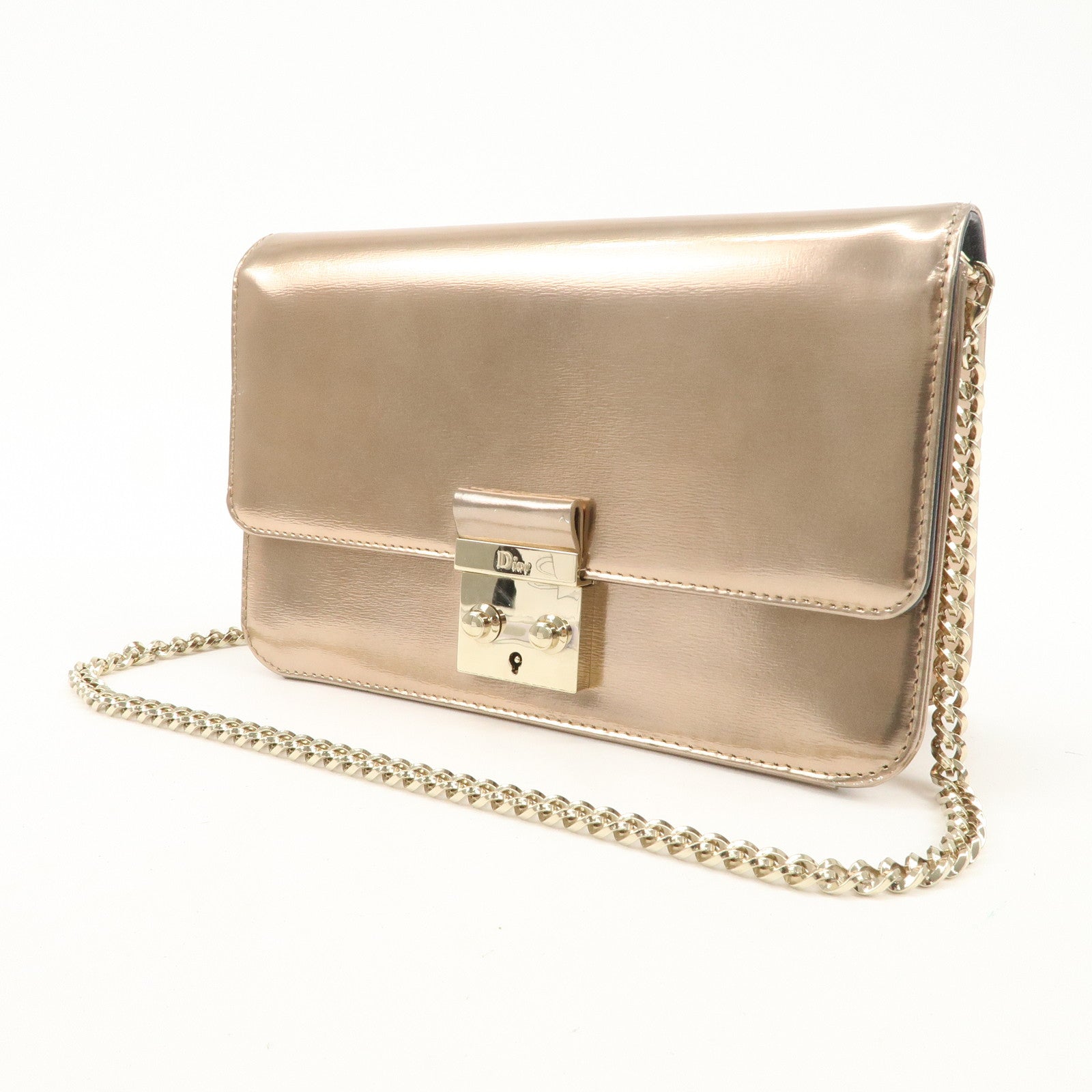 Christian Dior Patent Leather Chain Shoulder Bag Metallic Pink Used