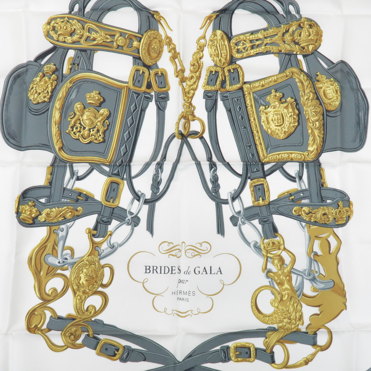 HERMES Carre 90 Silk 100% Scarf BRIDES DE GALA Gray Gold Red