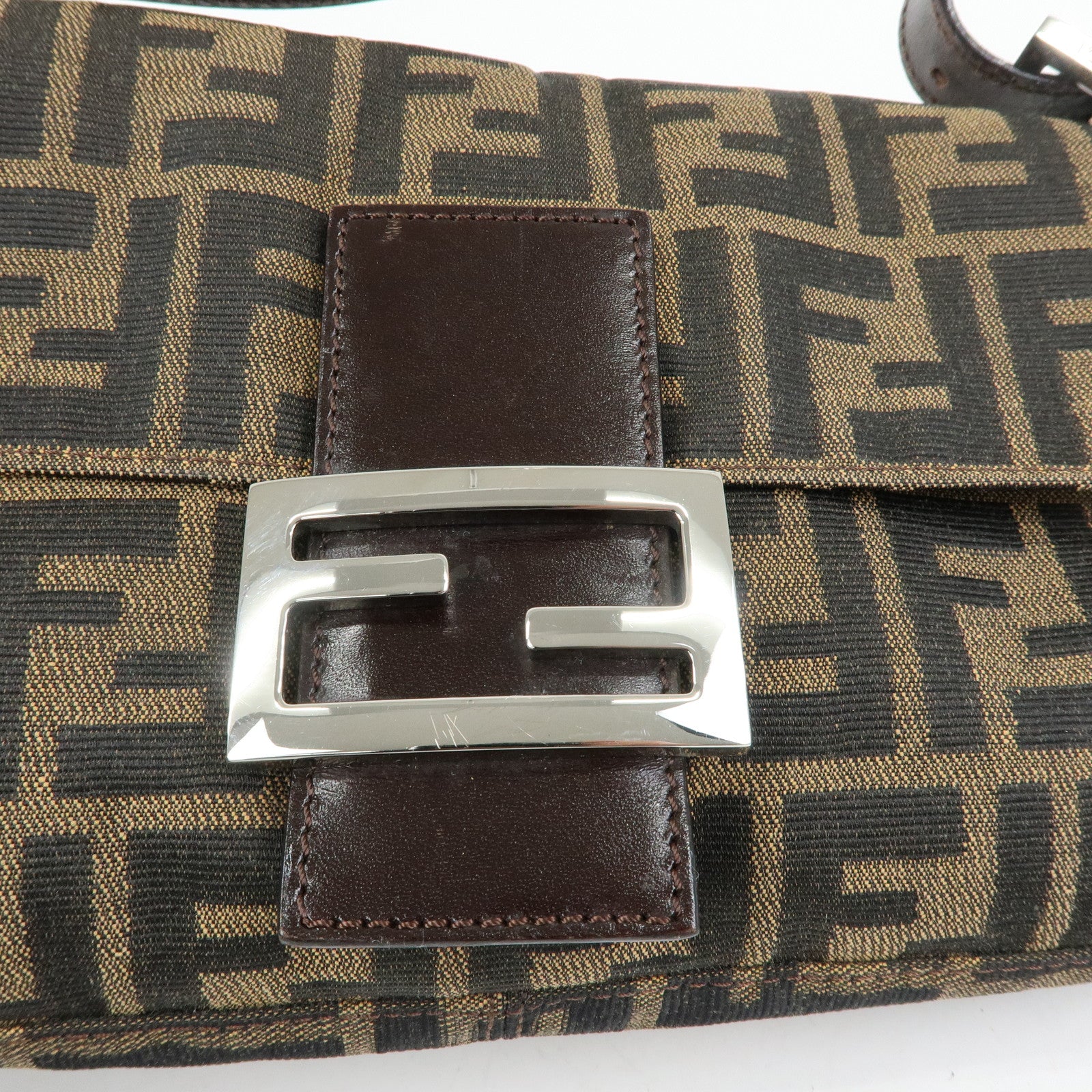 FENDI Mamma Baguette Zucca Canvas Leather Shoulder Bag Brown 26424