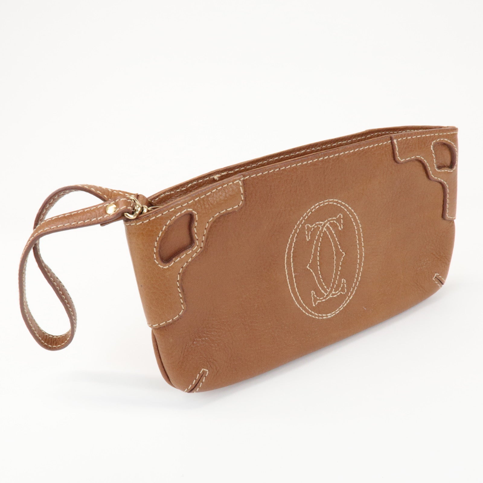 Cartier Marcello de Cartier 2C Logo Leather Pouch Wrist Bag Brown
