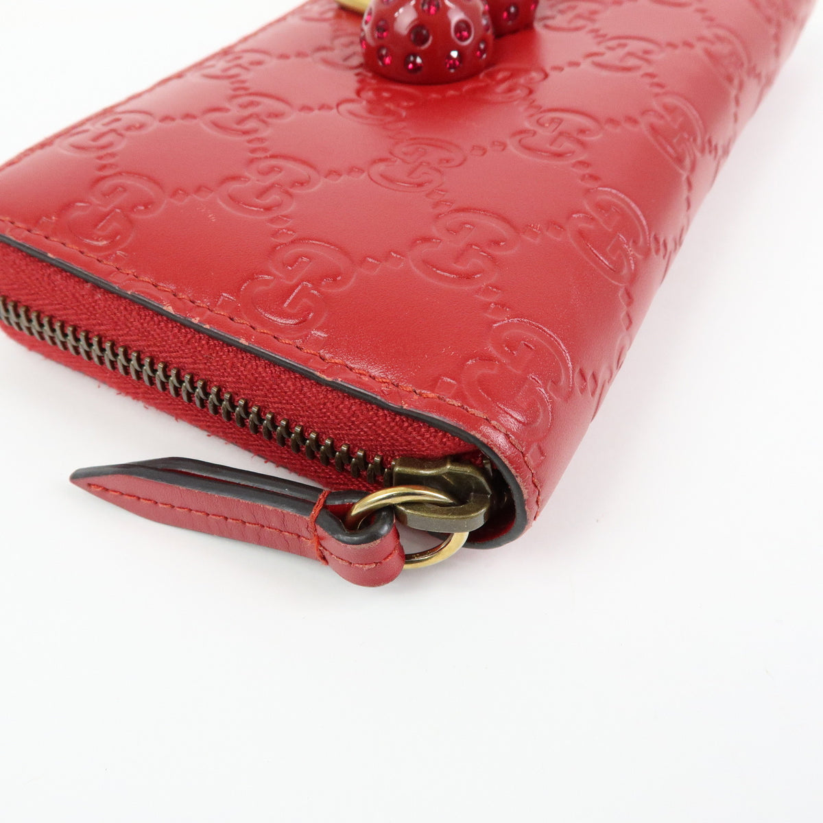 GUCCI Guccissima Leather Cherry Round Zippy Long Wallet Red 476049