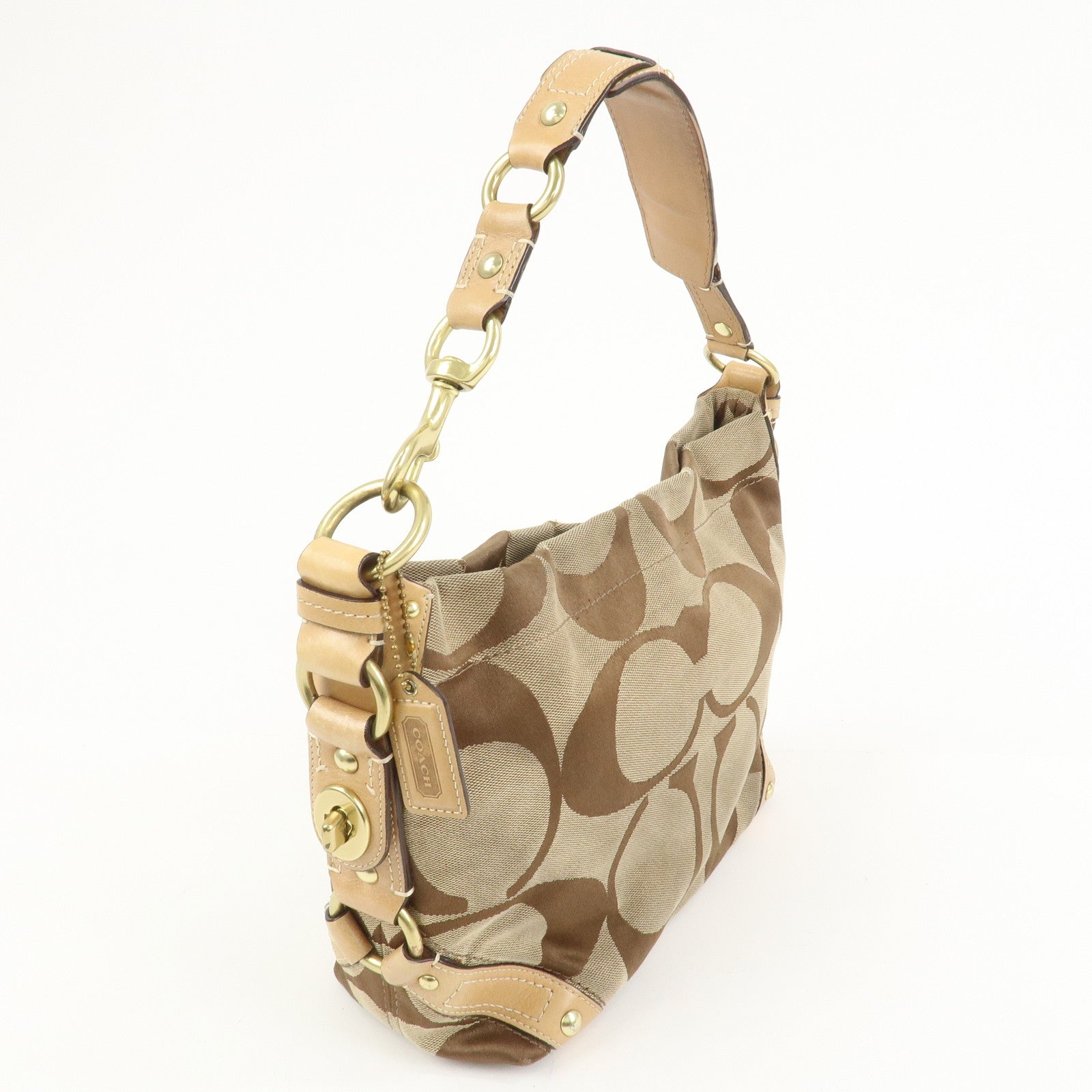 COACH Signature Canvas Leather Shoulder Hand Bag Beige