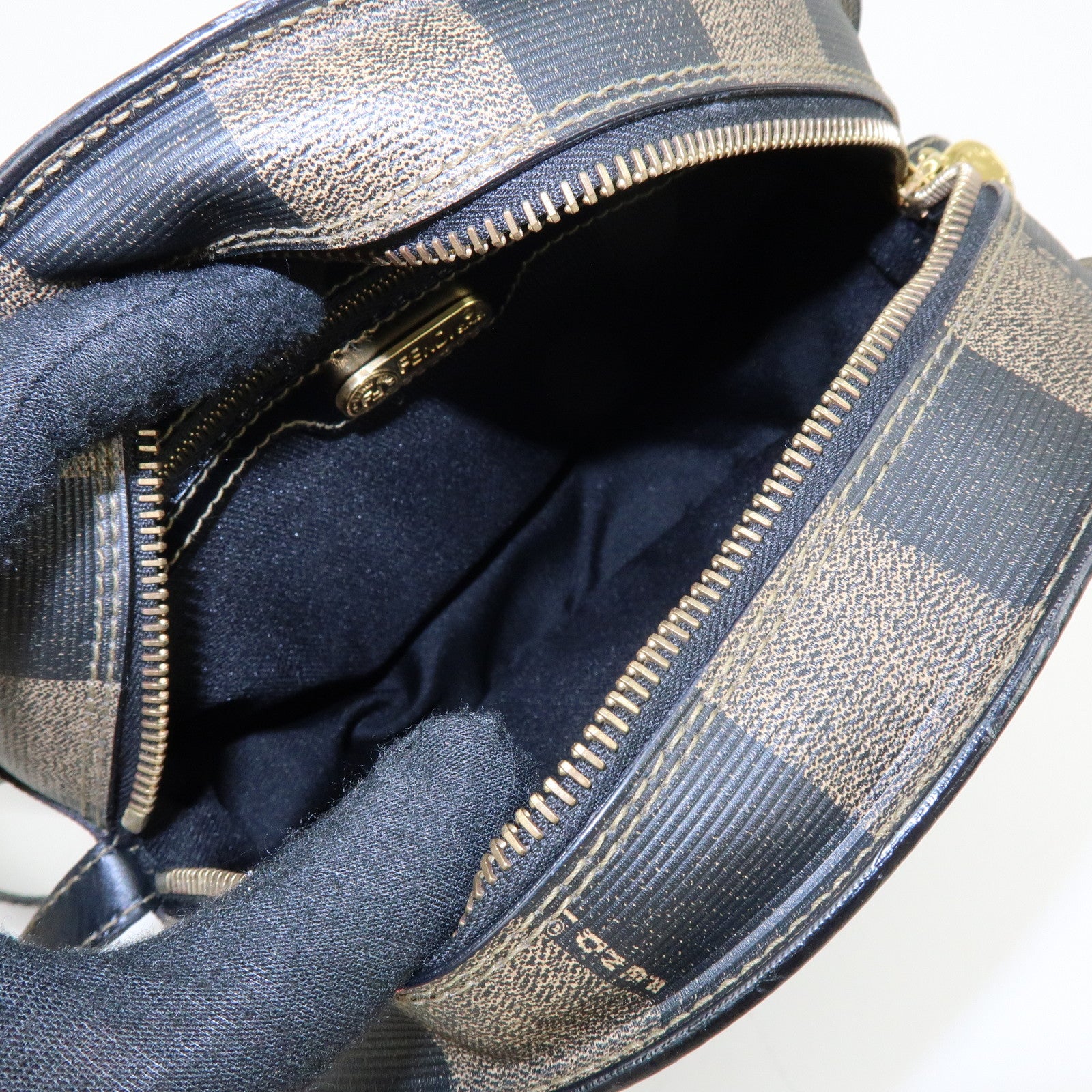 FENDI Leather PVC Round Shoulder Bag Checker Pattern Black Brown