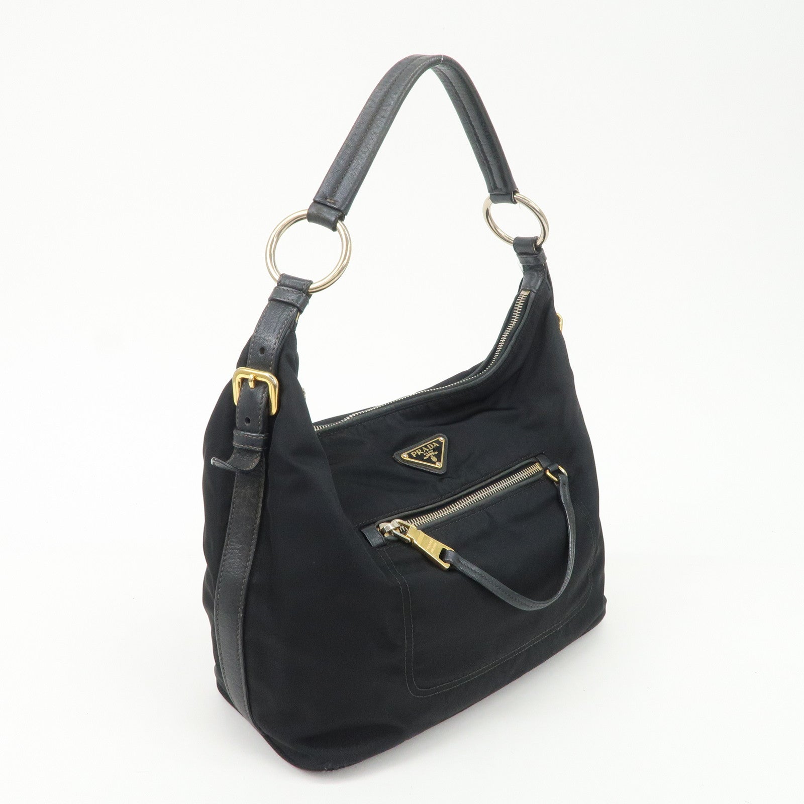 PRADA Triangle Logo Leather Nylon Shoulder Bag Black