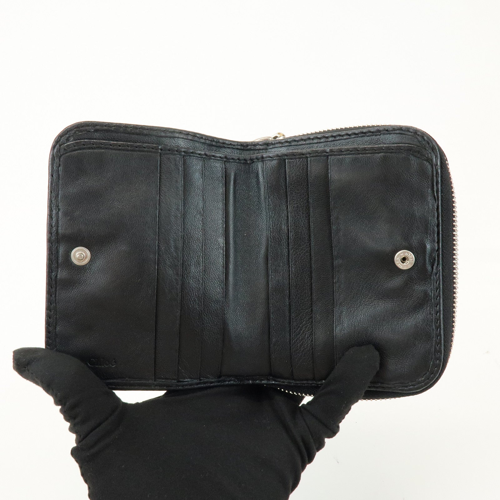 Chloe Logo Leather Round Zippy Compact Wallet Black