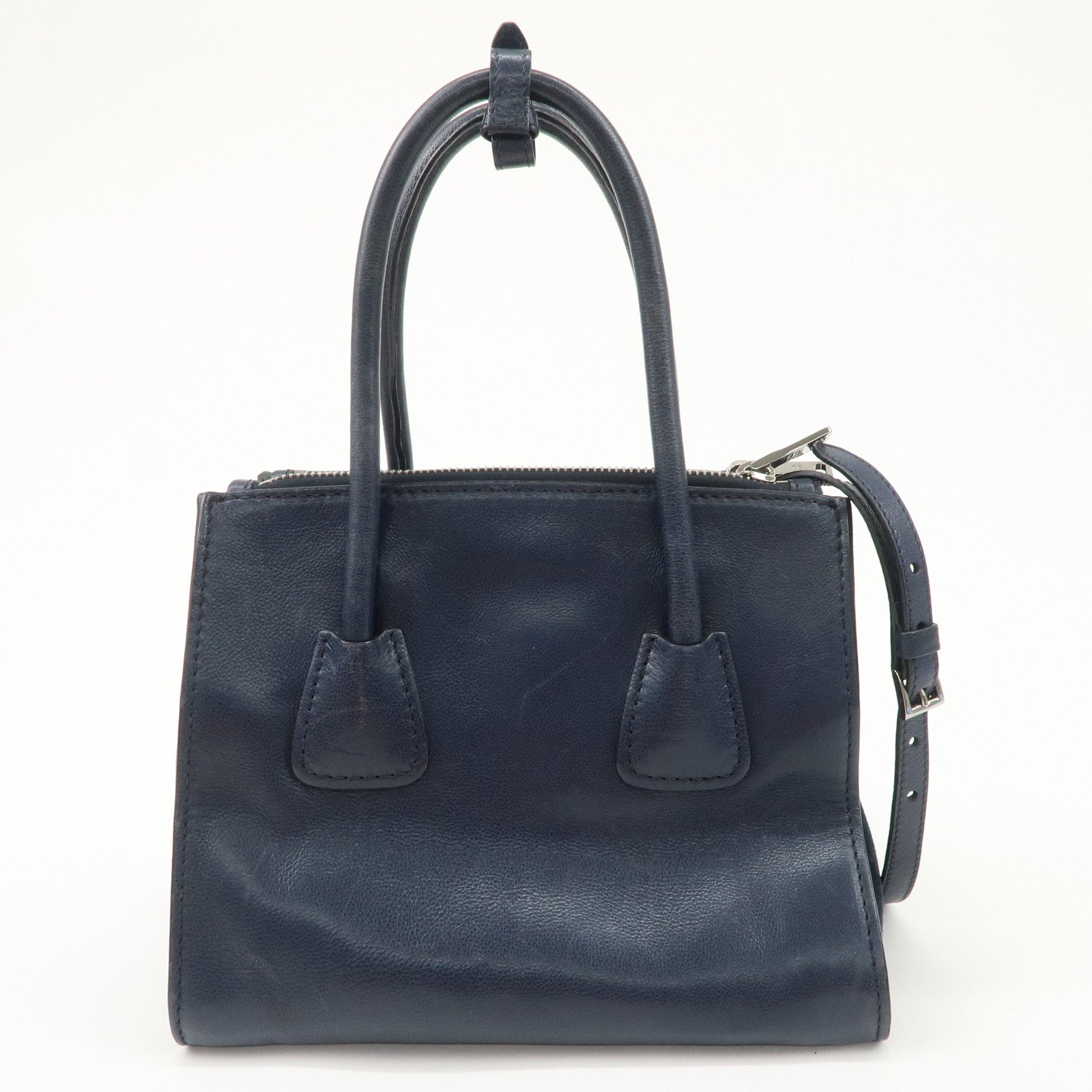 PRADA Triangle Logo Leather 2Way Bag Tote Bag Hand Bag Navy B2625M