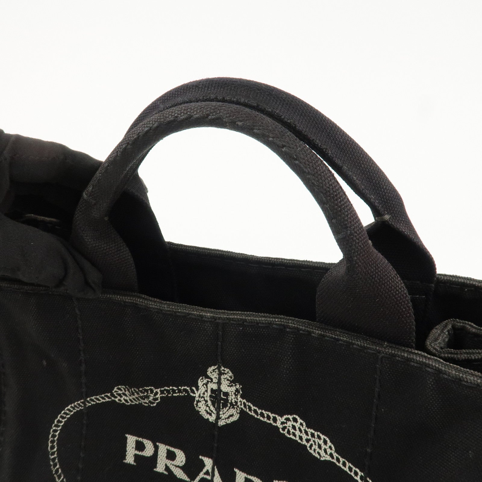 PRADA Logo Canapa Mini Canvas Tote Bag Hand Bag Black BN2439 Used