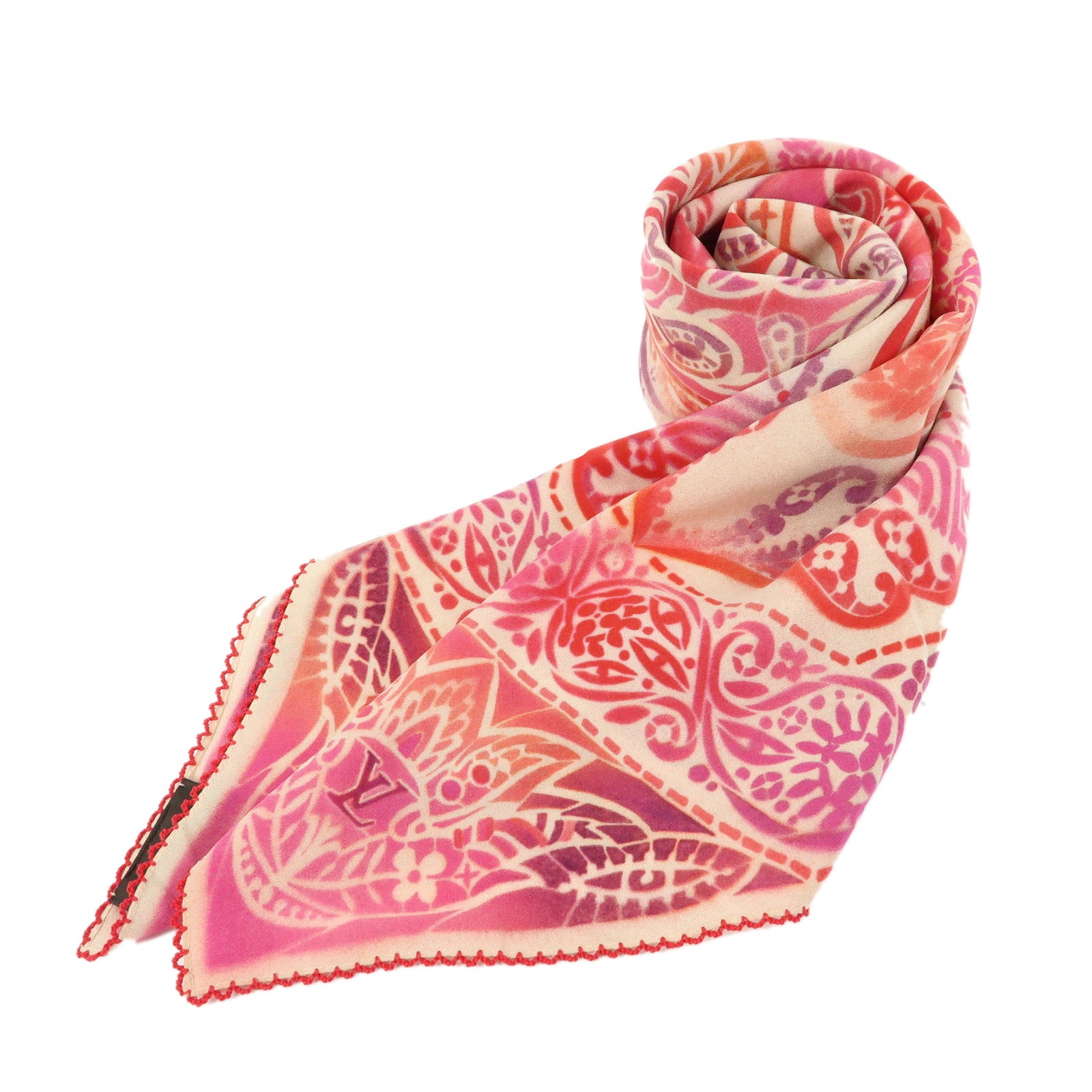 Louis Vuitton Silk 100% Scarf Paisley Design Red Pink M71175