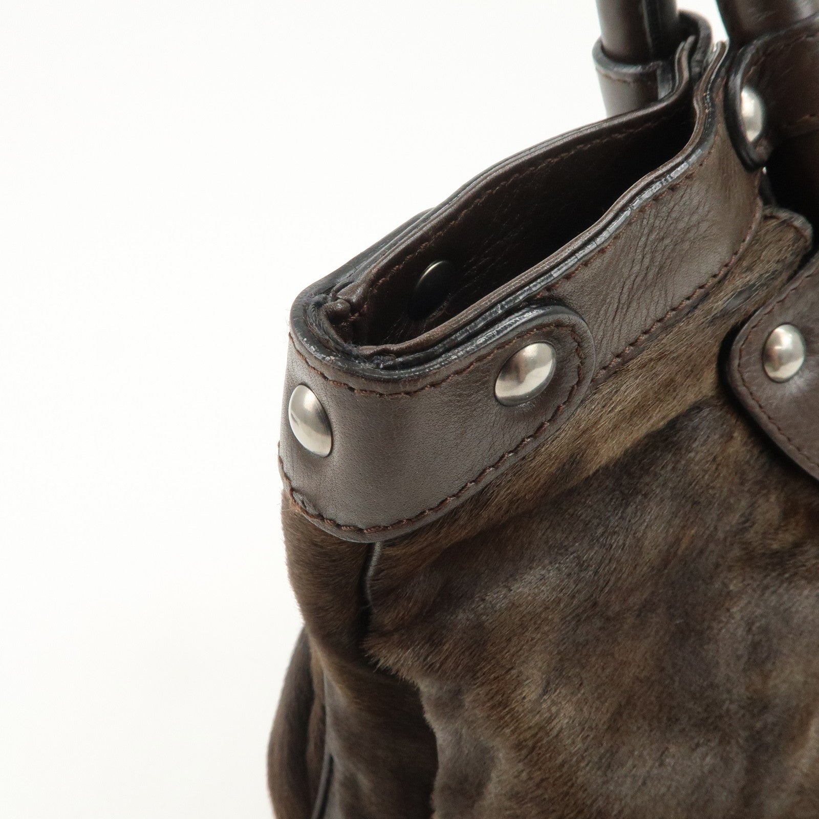 Ferragamo Gancini Unborn Calf Leather Hand Bag Dark Brown Used