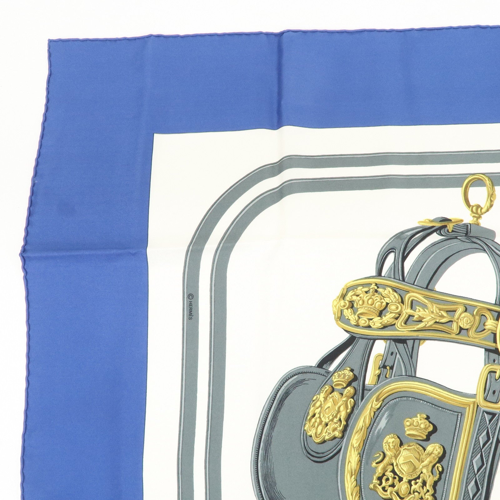 HERMES Carre 90 Silk 100% Scarf BRIDES DE GALA White Blue