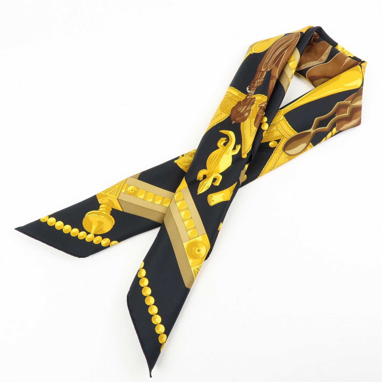 HERMES Carre 90 Silk 100% Scarf CUILLERS D'AFRIQUE Black Gold