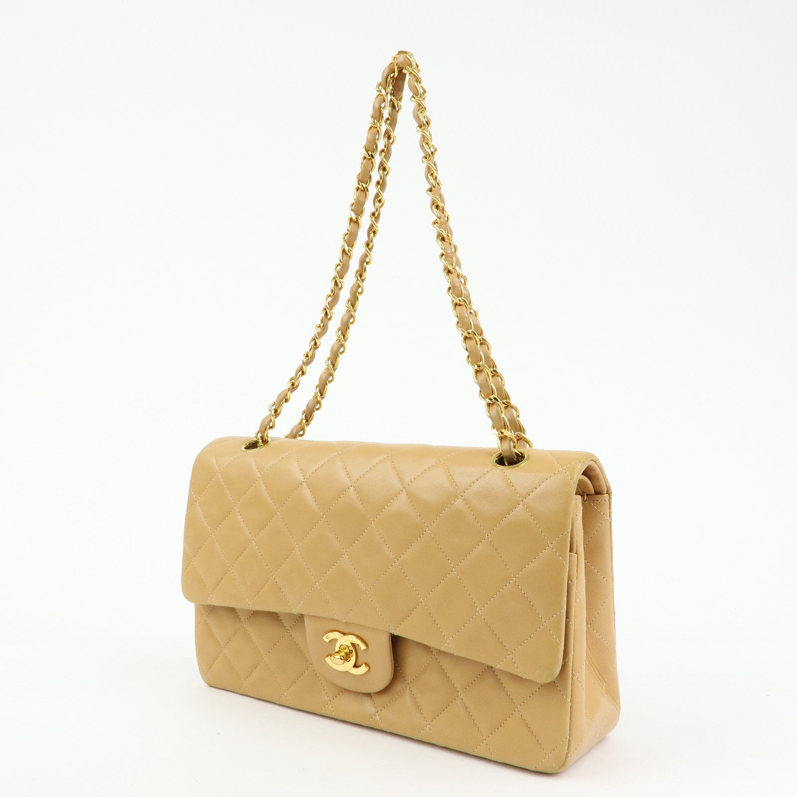 CHANEL Matelasse 25 Double Flap Chain Shoulder Bag Beige A01112