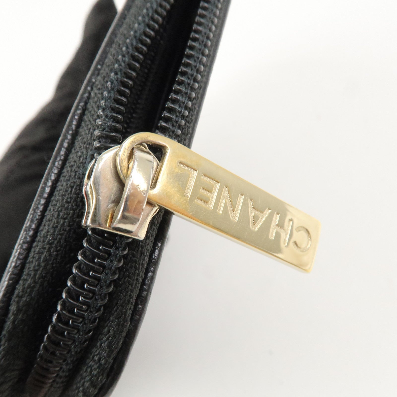 CHANEL Set Of 2 Leather Bi-Fold Long Wallet Key Case Black Gold