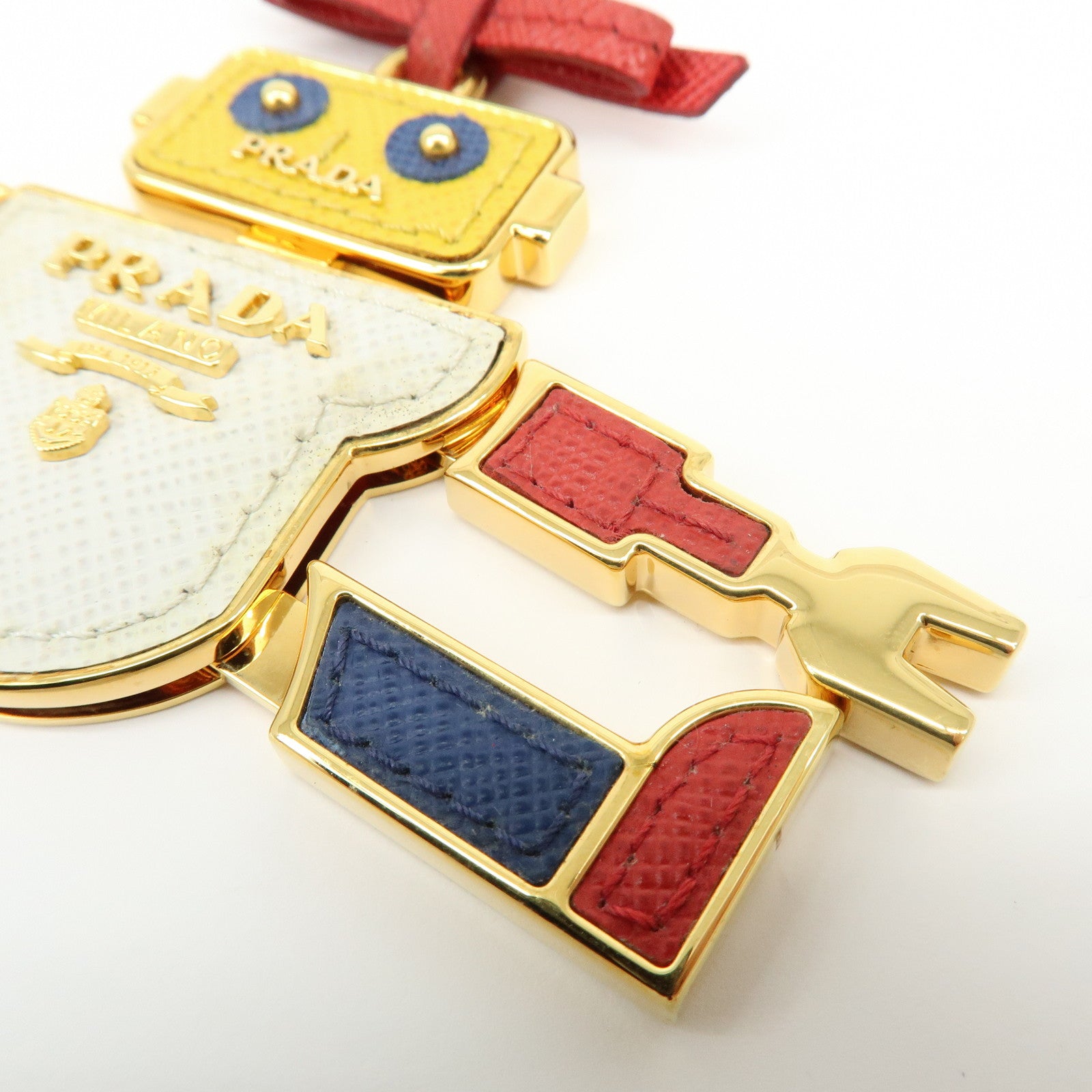 PRADA Saffiano Leather Metal Bag Key Charm Robot White Red 1TL136