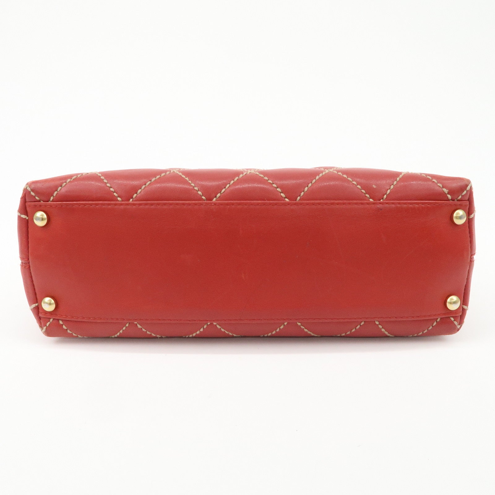 CHANEL COCO Mark Wild Stitch Lamb Skin Leather Hand Bag Red