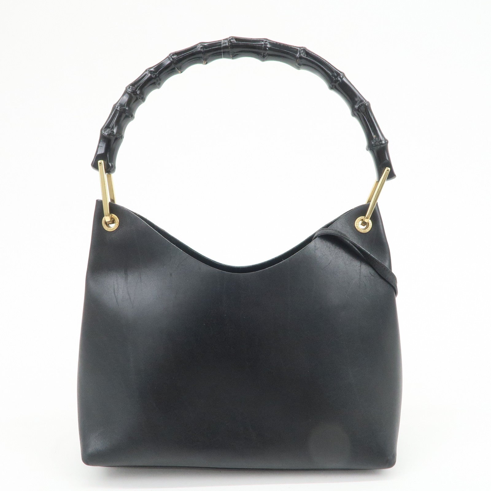 GUCCI Bamboo Leather Shoulder Bag Hand Bag Black Gold