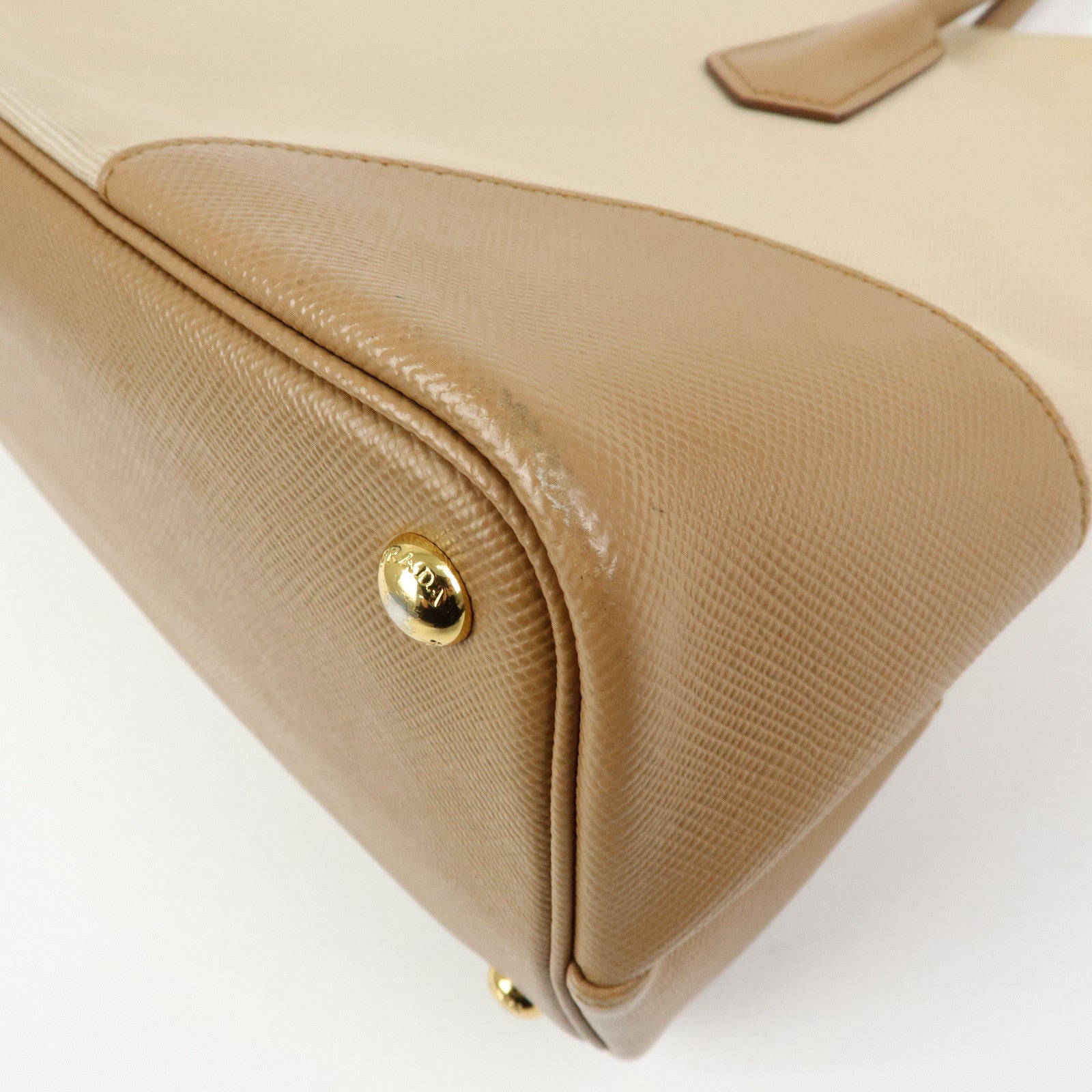 PRADA Triangle Logo Canvas Leather Tote Bag Beige Brown B2756T