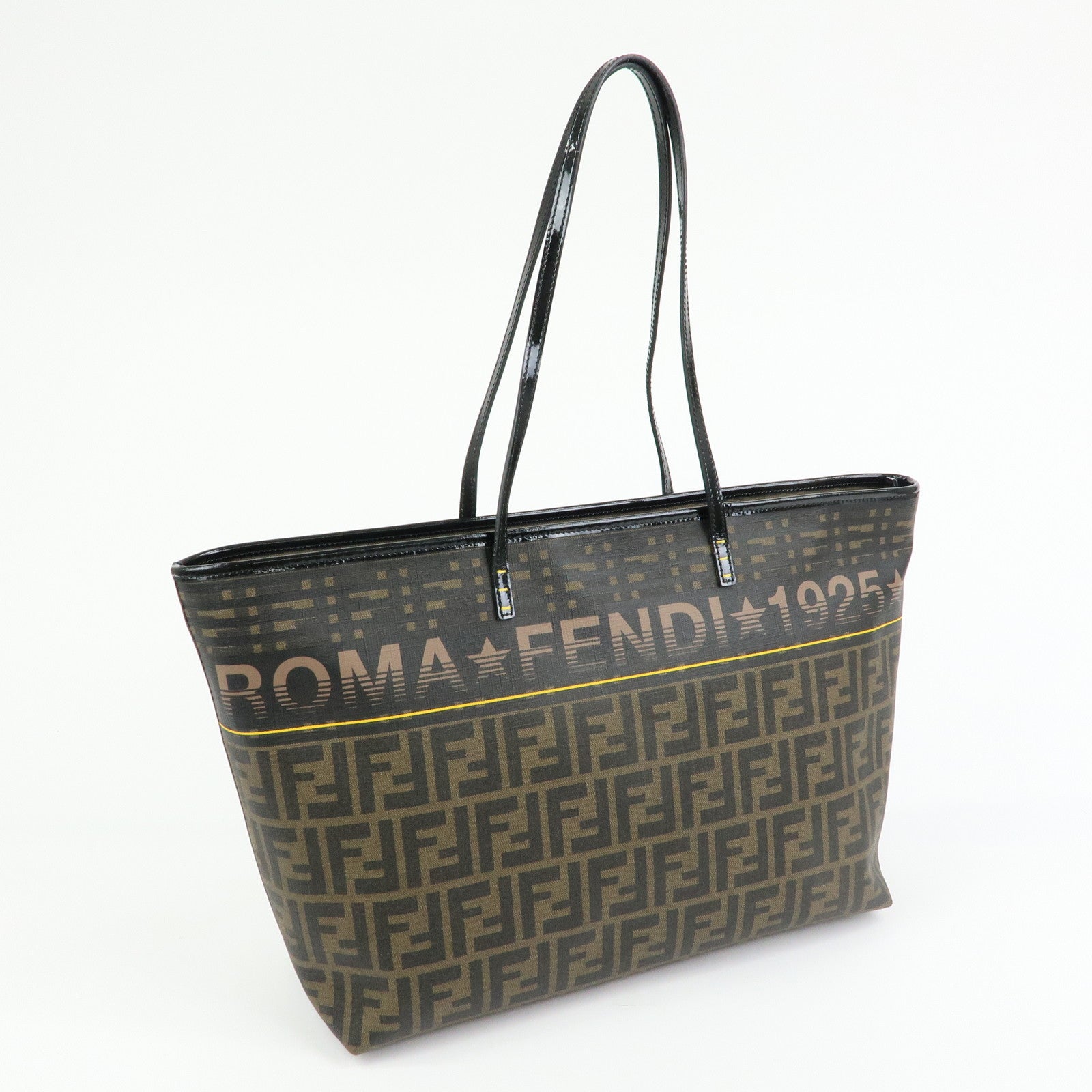 FENDI Zucca PVC Patent Leather Tote Bag Brown Black 8BH185