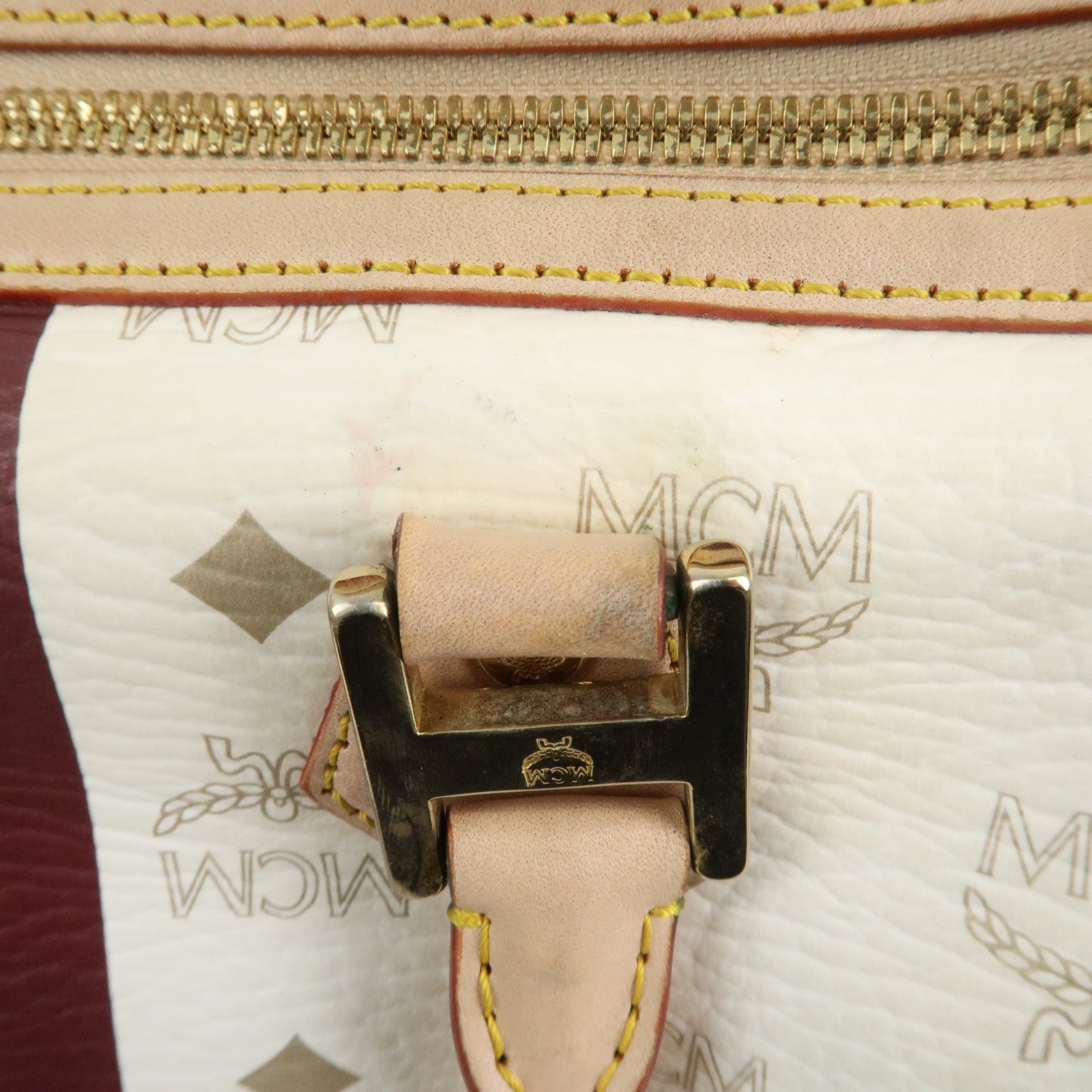 MCM Visetos Leather Boston Bag Hand Bag Beige White Used