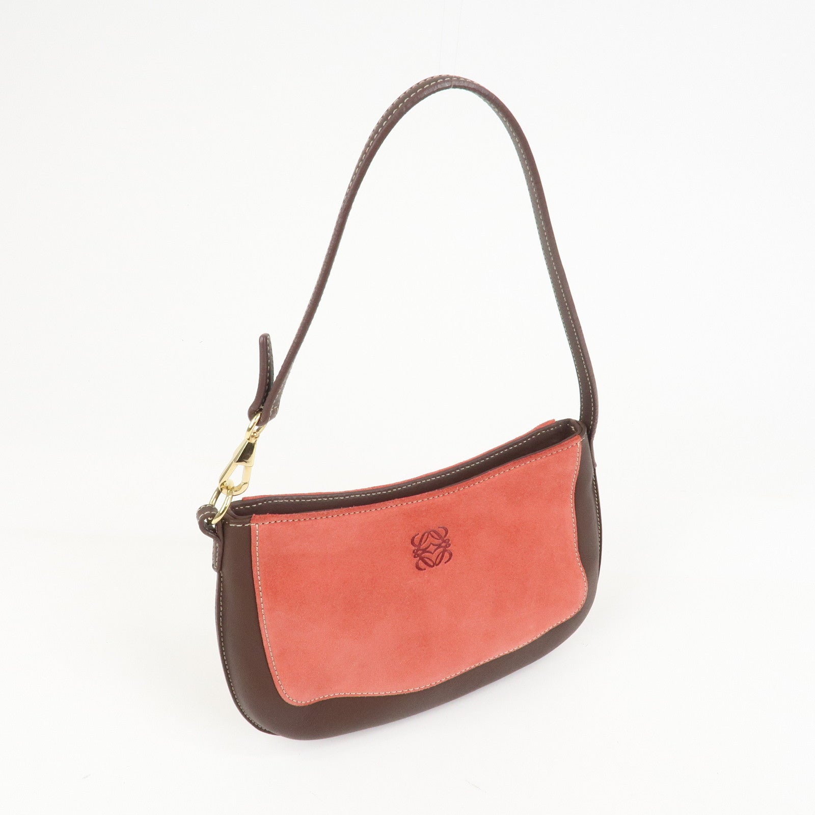 LOEWE Anagram Logo Suede Leather Accessory Pouch Hand Bag Brown Red