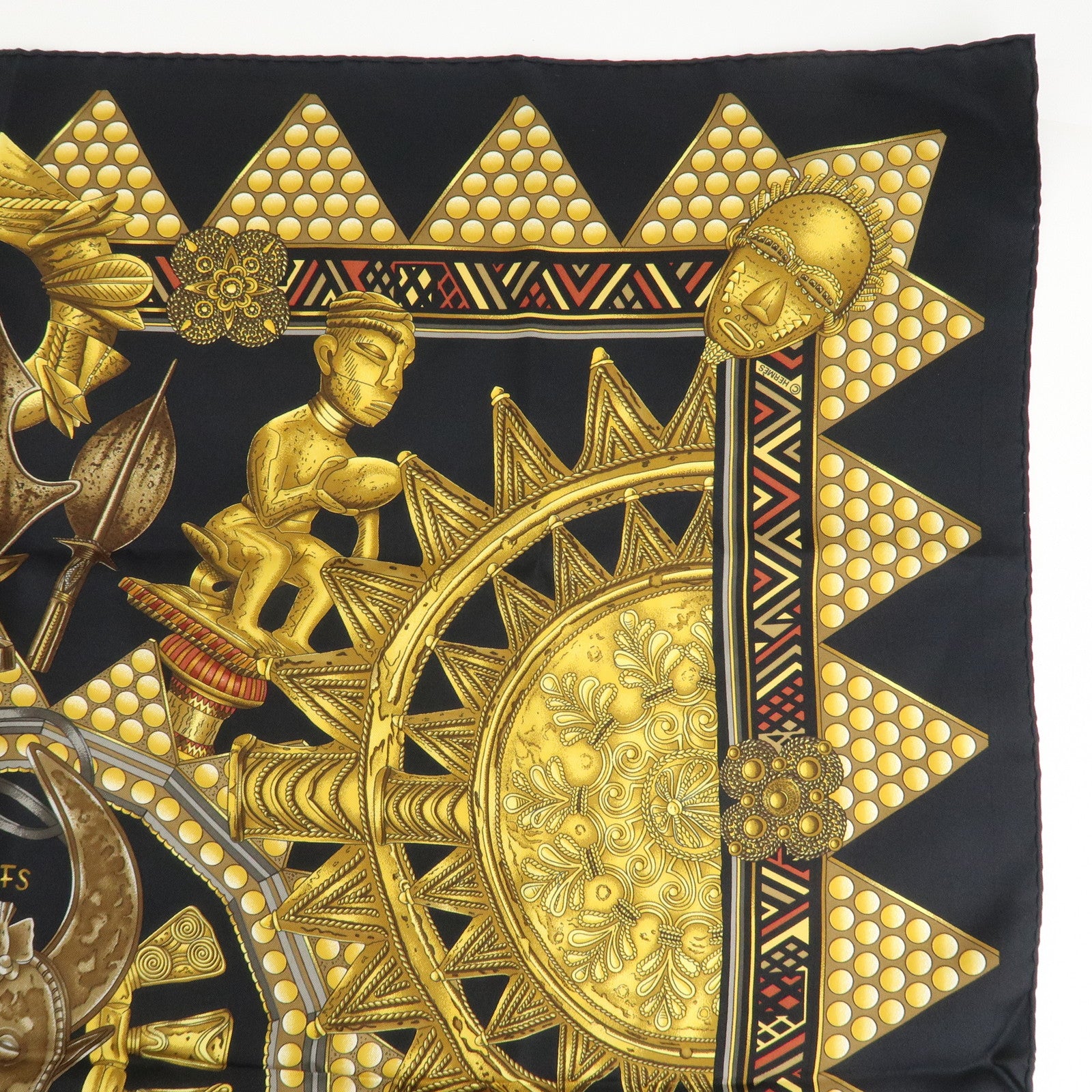 HERMES Carre 90 Silk 100% Scarf L'OR DES CHEFS Black Yellow Used