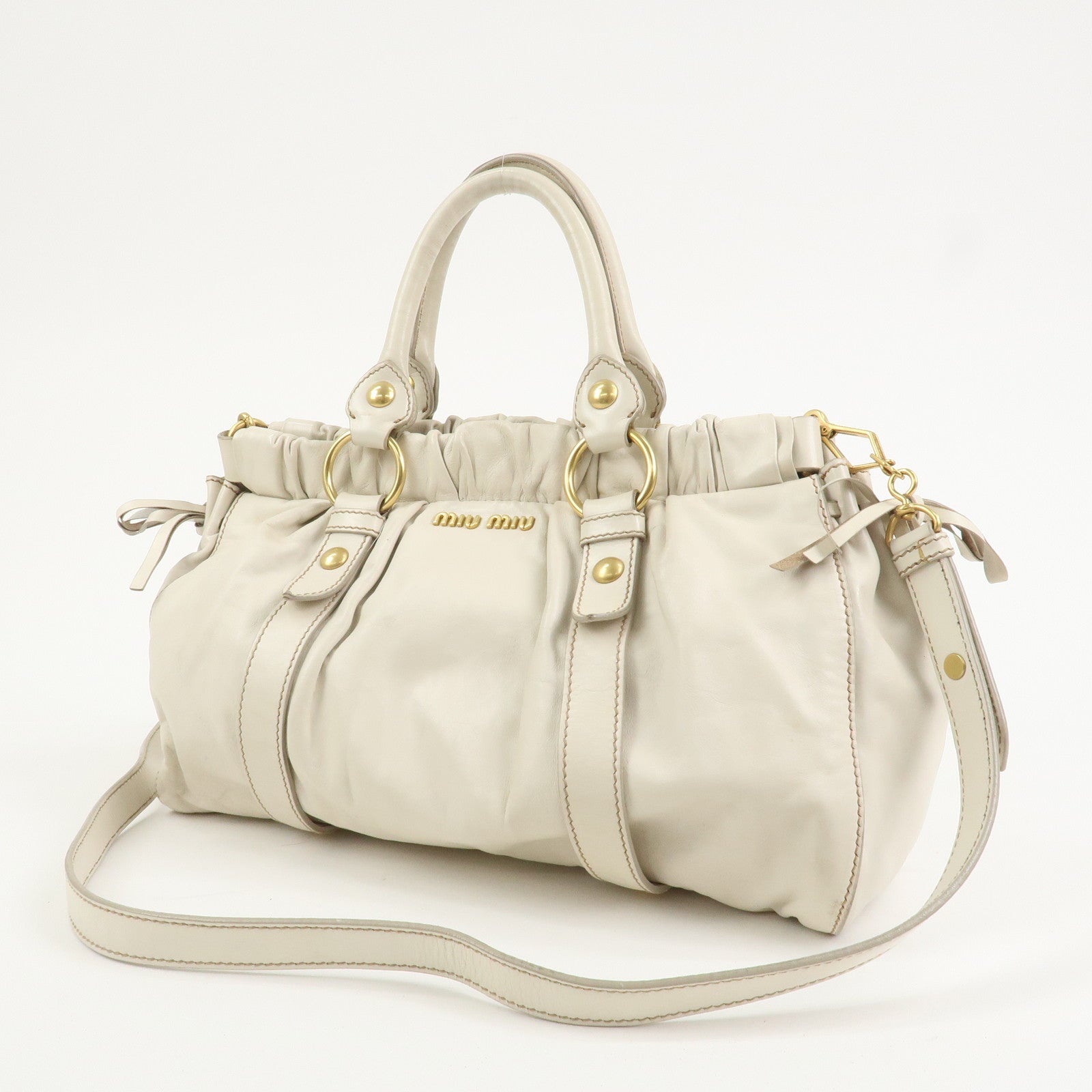 MIU MIU Logo Leather 2Way Bag Shoulder Bag Hand Bag Ivory RT0383