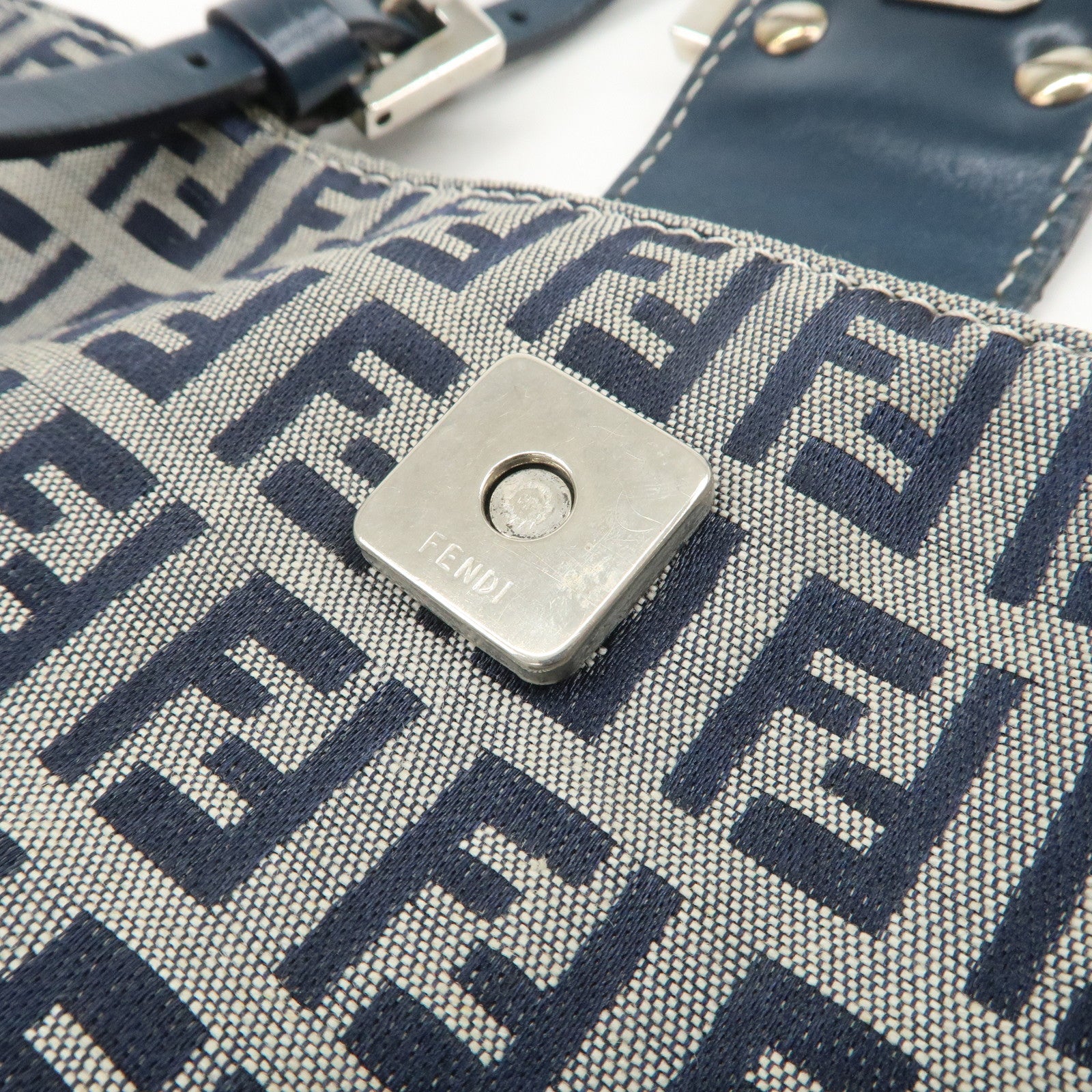FENDI Zucchino Canvas Leather Tote Bag Shoulder Bag Navy Gray