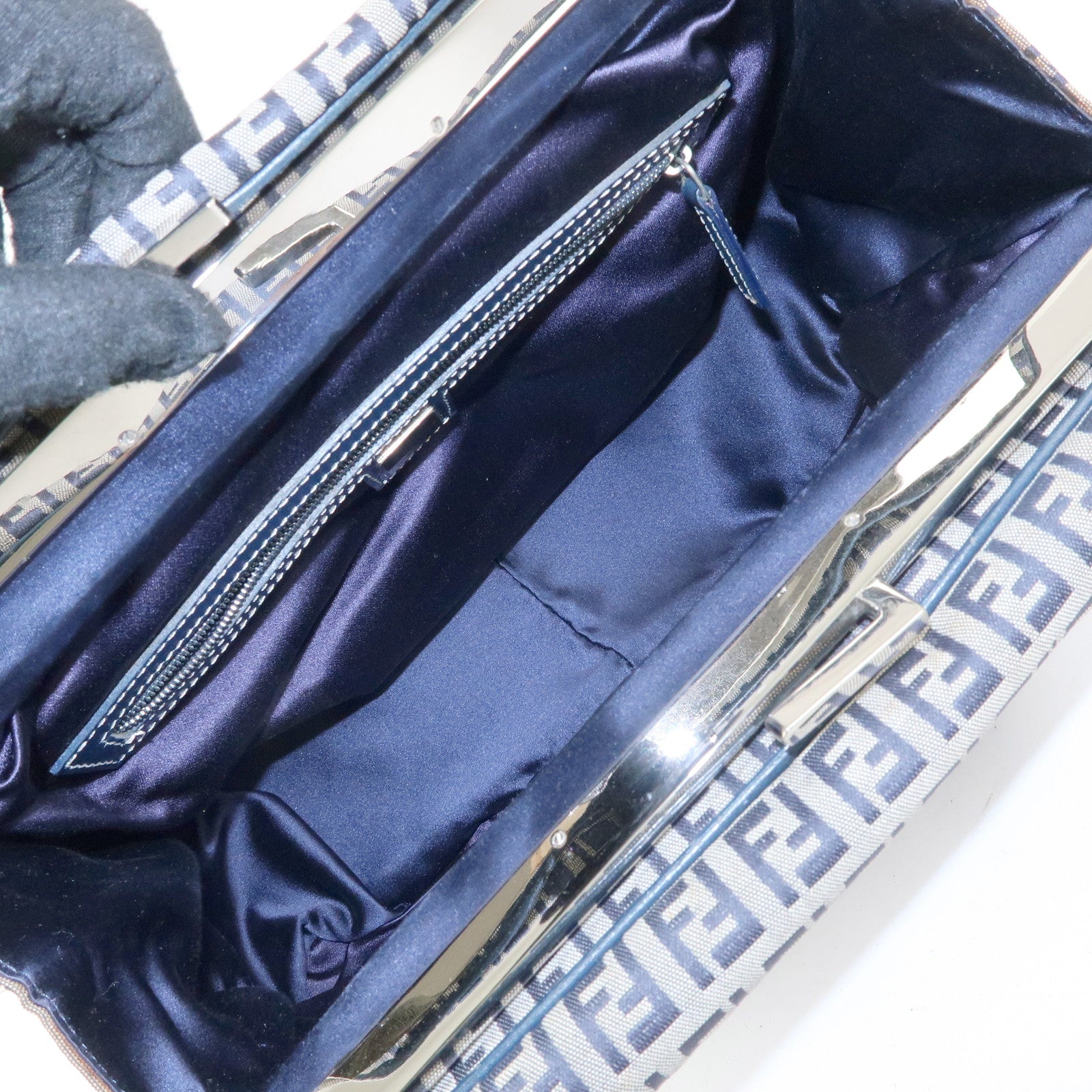 FENDI Zucchino Canvas Leather Tote Bag Shoulder Bag Boston Bag Navy