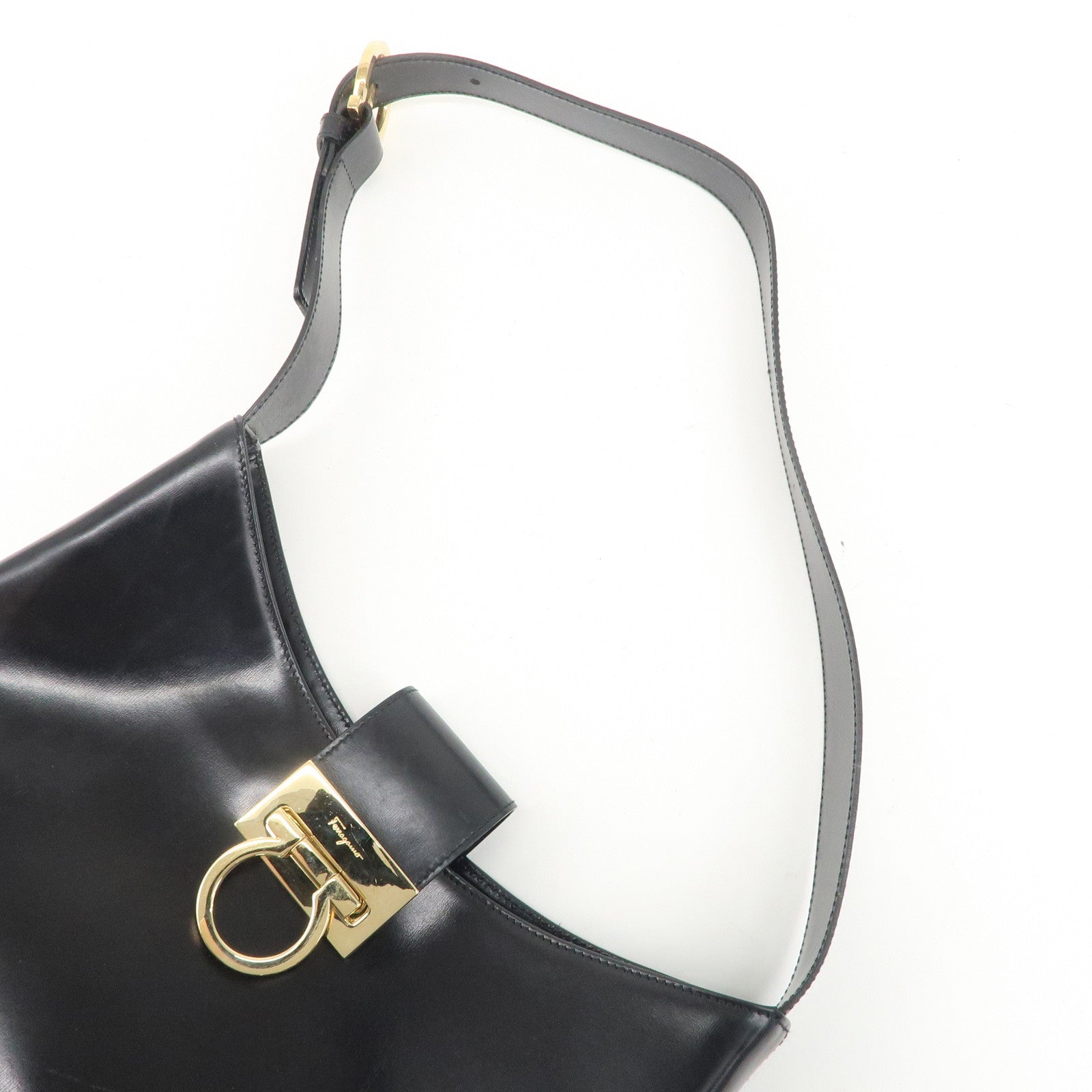 Ferragamo Gancini Leather Shoulder Bag Hand Bag Black Gold HDW