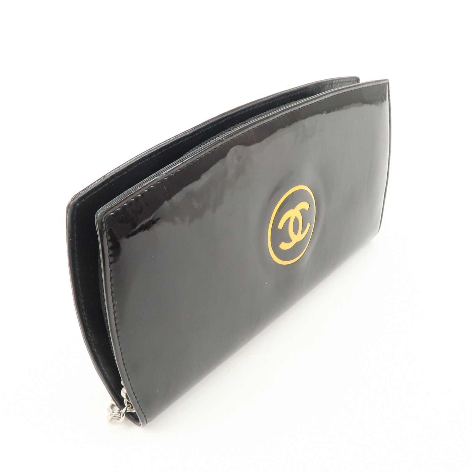 CHANEL COCO Mark Makeup Patent Leather Round Zippy Wallet Black A47663 Used