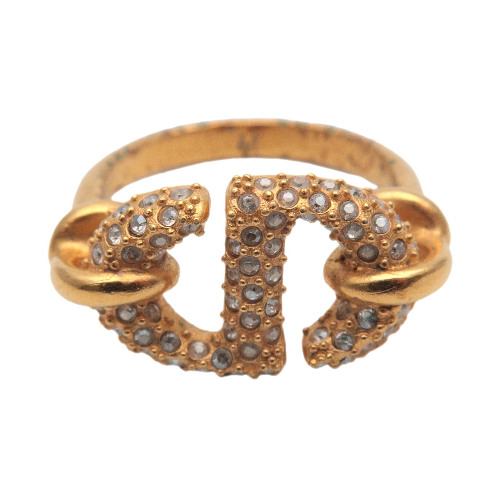 Christian Dior CD Logo Metal Rhinestone Ring M Gold US5 EU49