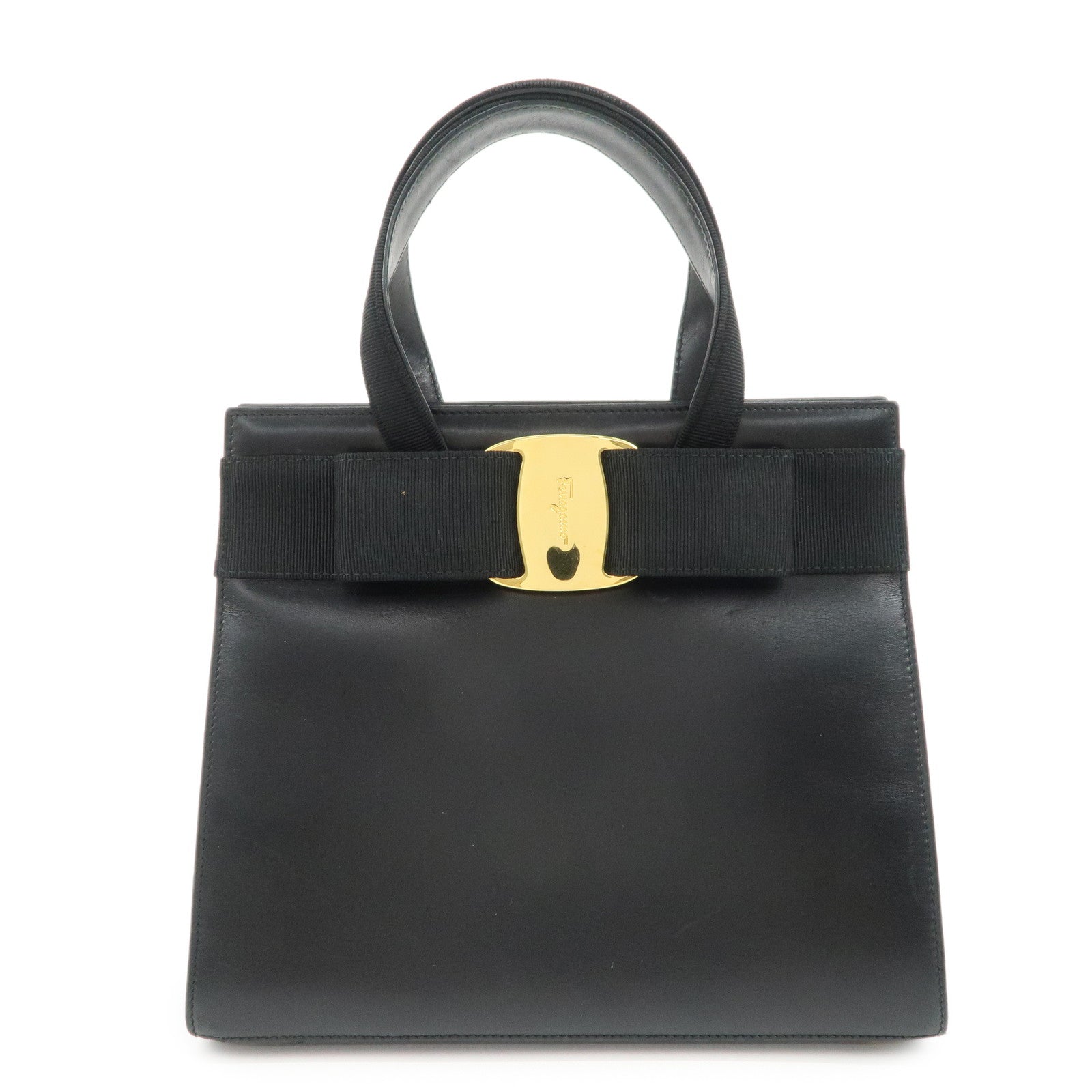 Ferragamo Vara Ribbon Leather Hand Bag Black Gold HDW