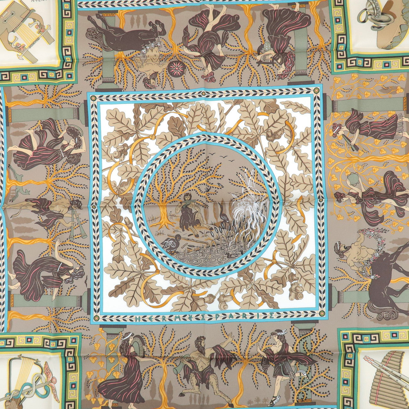 HERMES Carre 90 Silk 100% Scarf MUSIQUE DES DIEUX Brown Blue