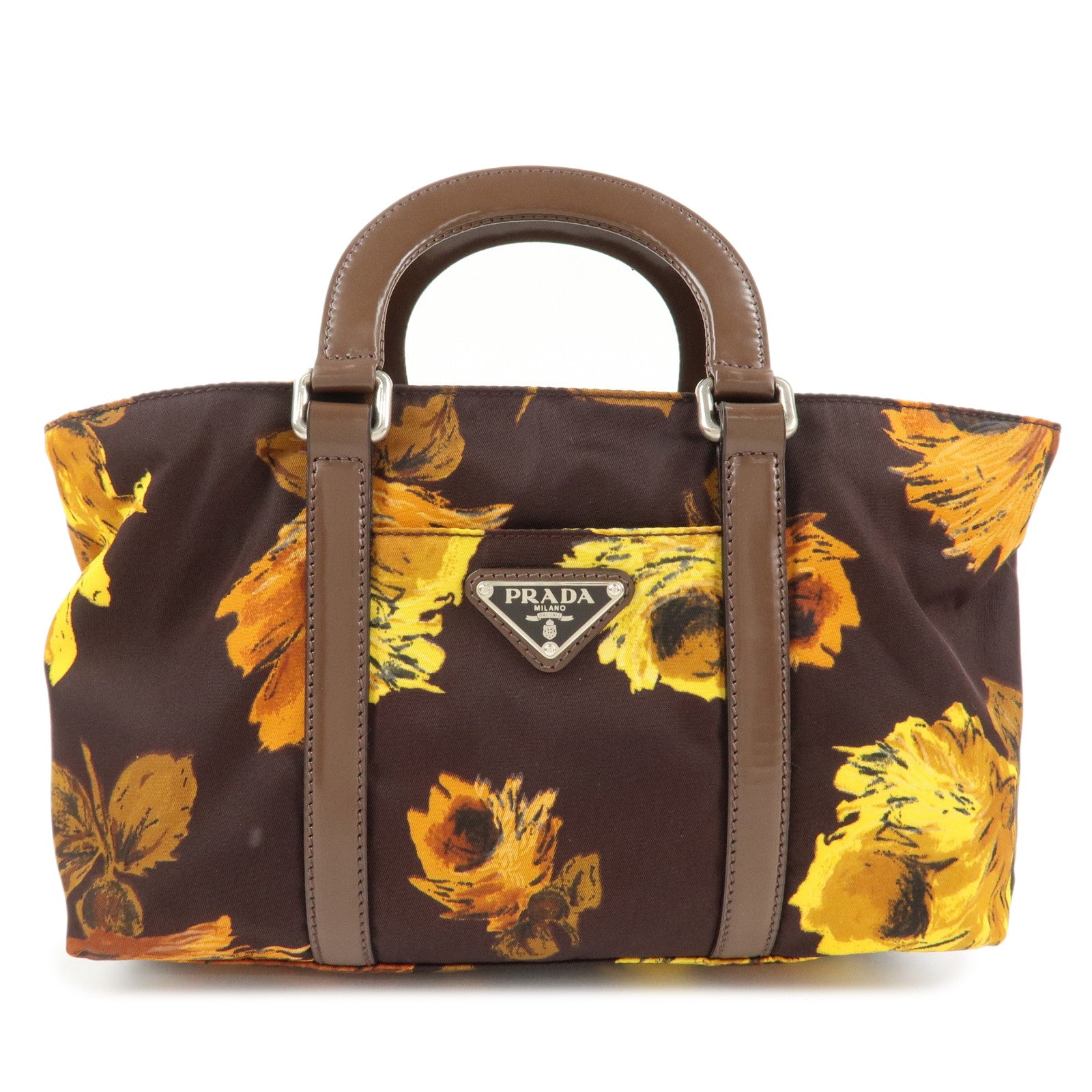 PRADA Triangle Logo 2Way Hand Bag Shoulder Bag Brown Yellow BN1052 Used