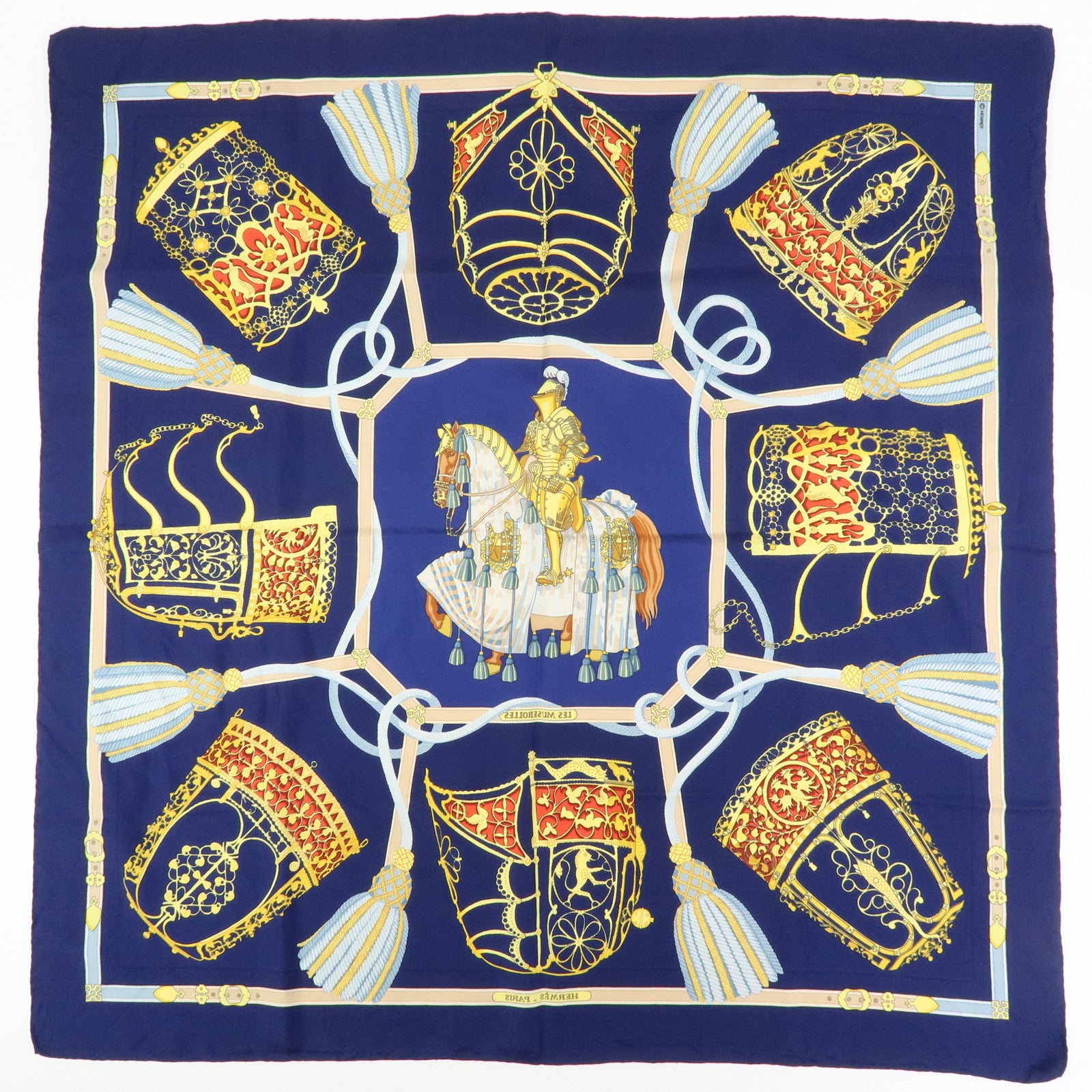 HERMES Carre 90 Silk 100% Scarf LES MUSEROLLES Navy Yellow