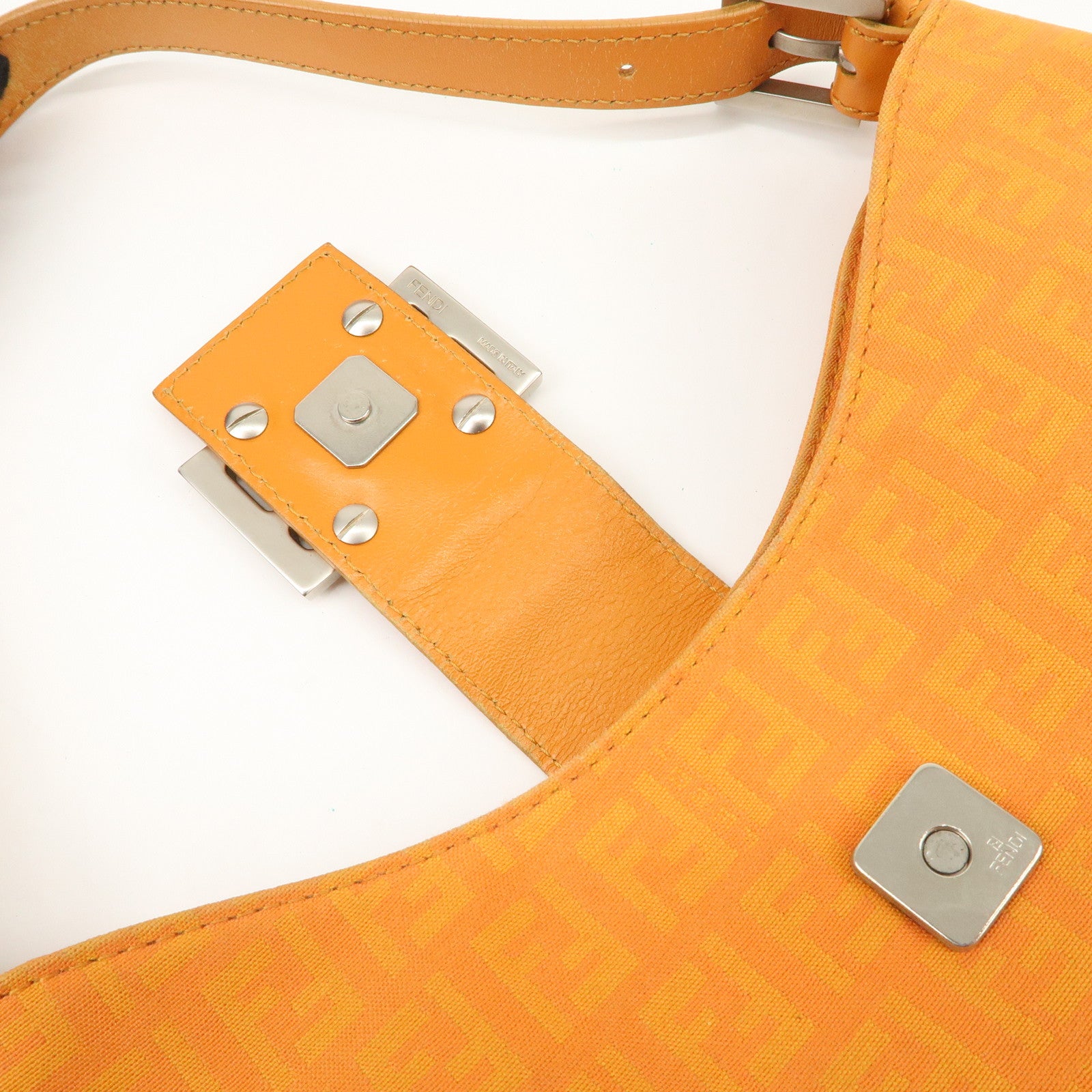 FENDI Zucchino Canvas Leather Shoulder Bag Hand Bag Orange 8BR036 Used
