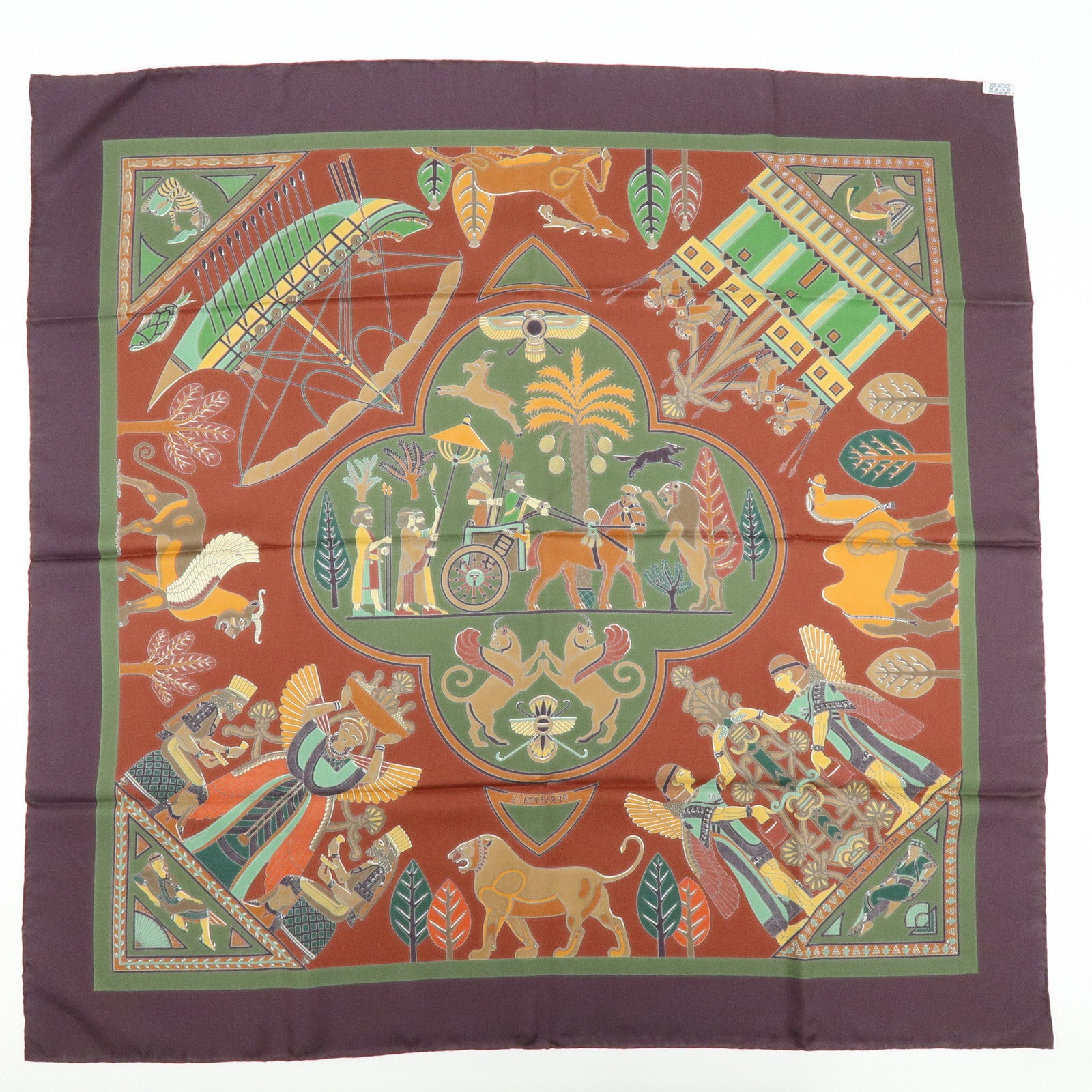 HERMES Carre 90 Silk 100% Scarf PERSEPOLIS Persian Print Brown