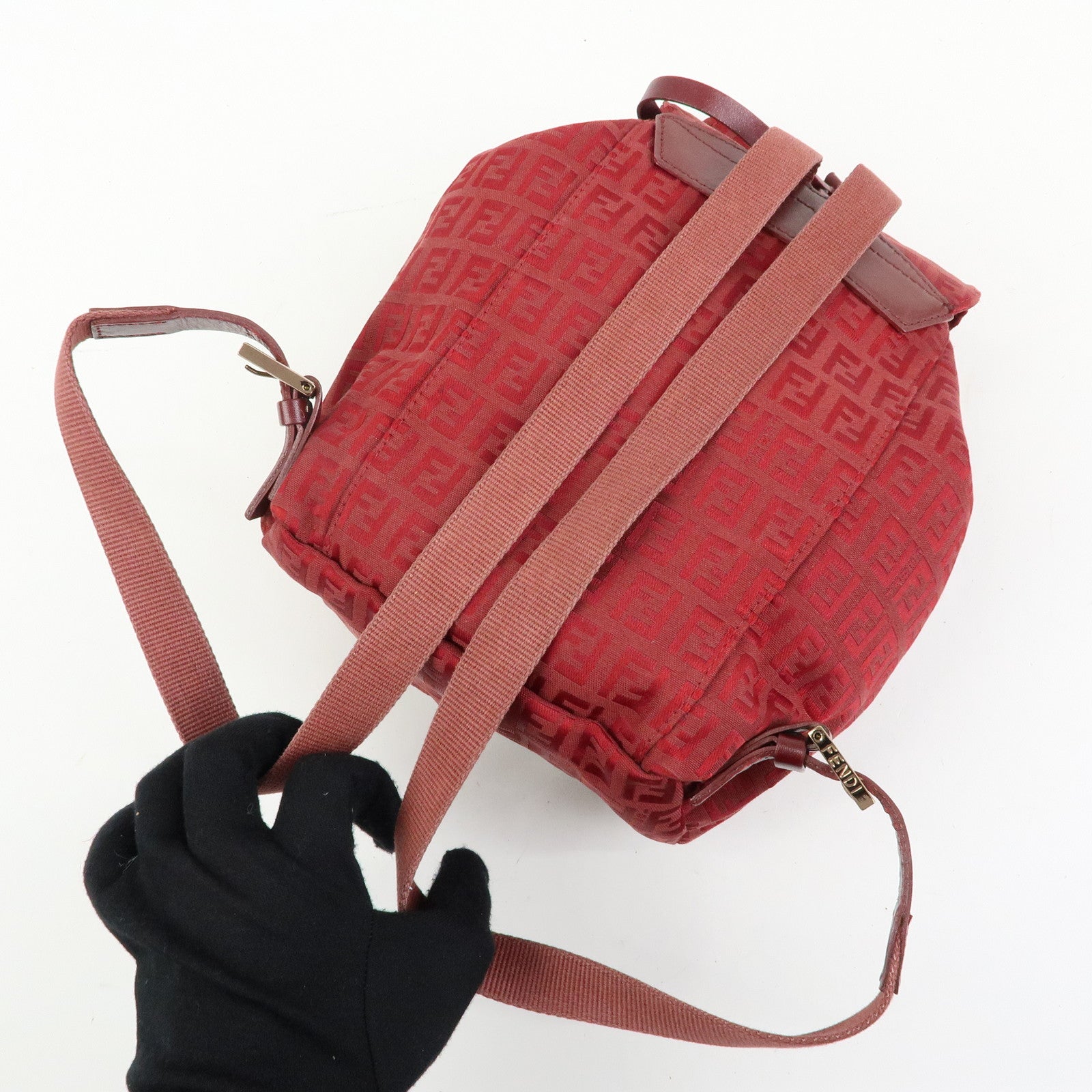 FENDI Zucchino Canvas Leather Backpack Rucksuck Red 8BZ001