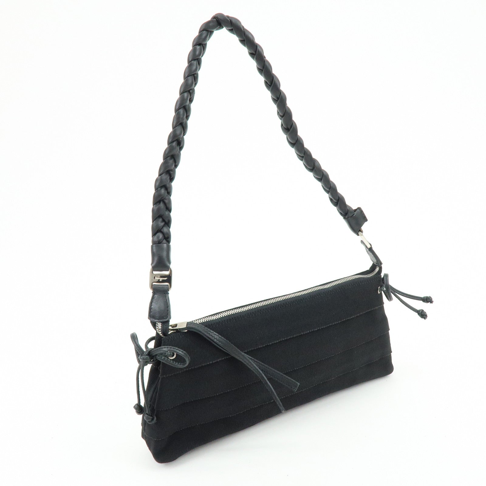 Ferragamo Vara Canvas Leather Side Ribbon Shoulder Bag Black