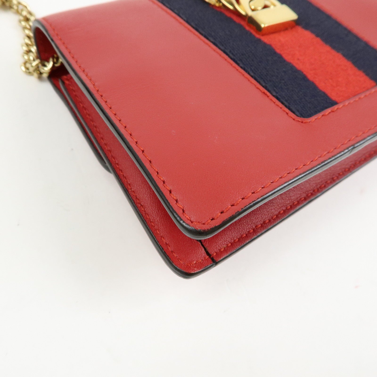 GUCCI Sylvie Sherry Leather Chain Mini Shoulder Bag Red Navy 494646